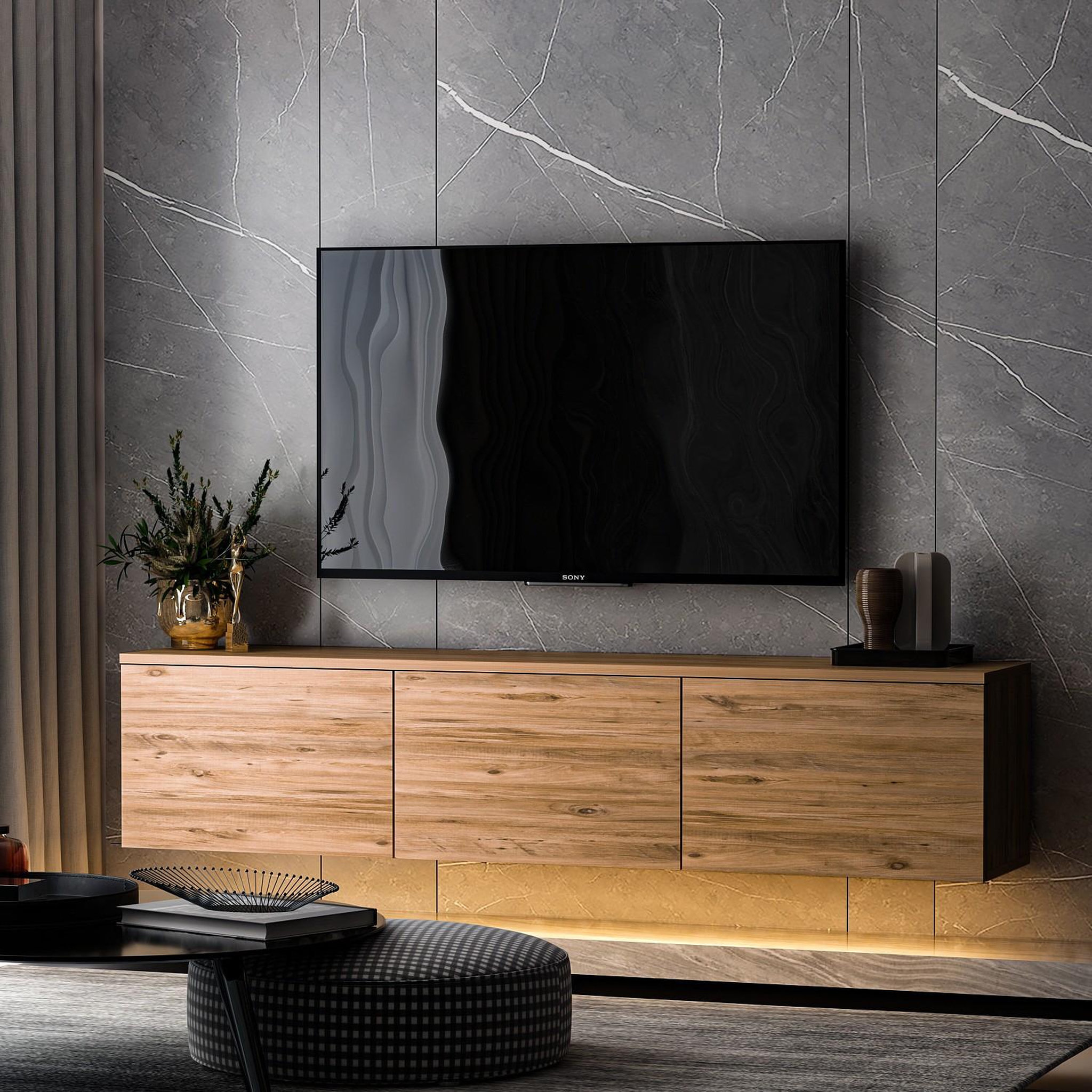 Voir la diapositive 2 : Habitat et Jardin Meuble tv suspendu en bois avec éclairage led  neon illuminated  - 160 x 32 x 35 cm - marron