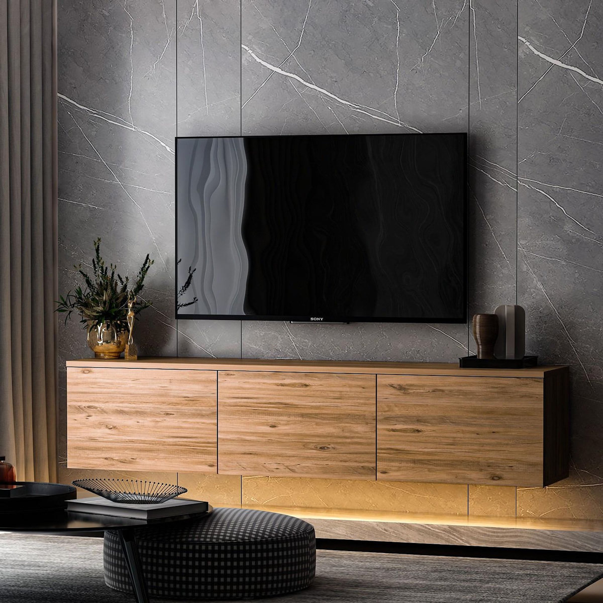 Habitat et Jardin Meuble TV suspendu en bois avec éclairage LED  Neon illuminated  - 160 x 32 x 35 cm - Marron