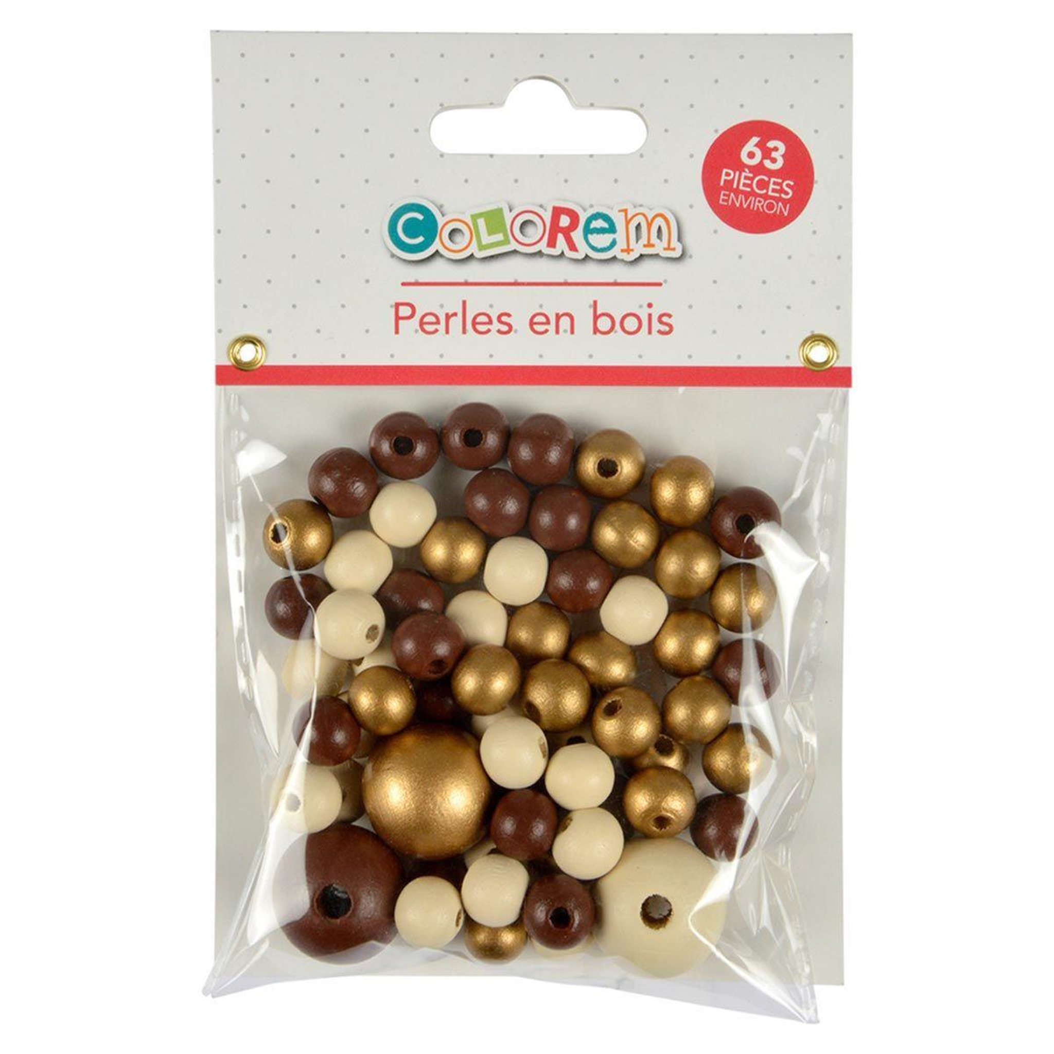 Voir la diapositive 2 : HOMEA Lot de 63 Perles Rondes  Bois  1-2cm Beige & Or
