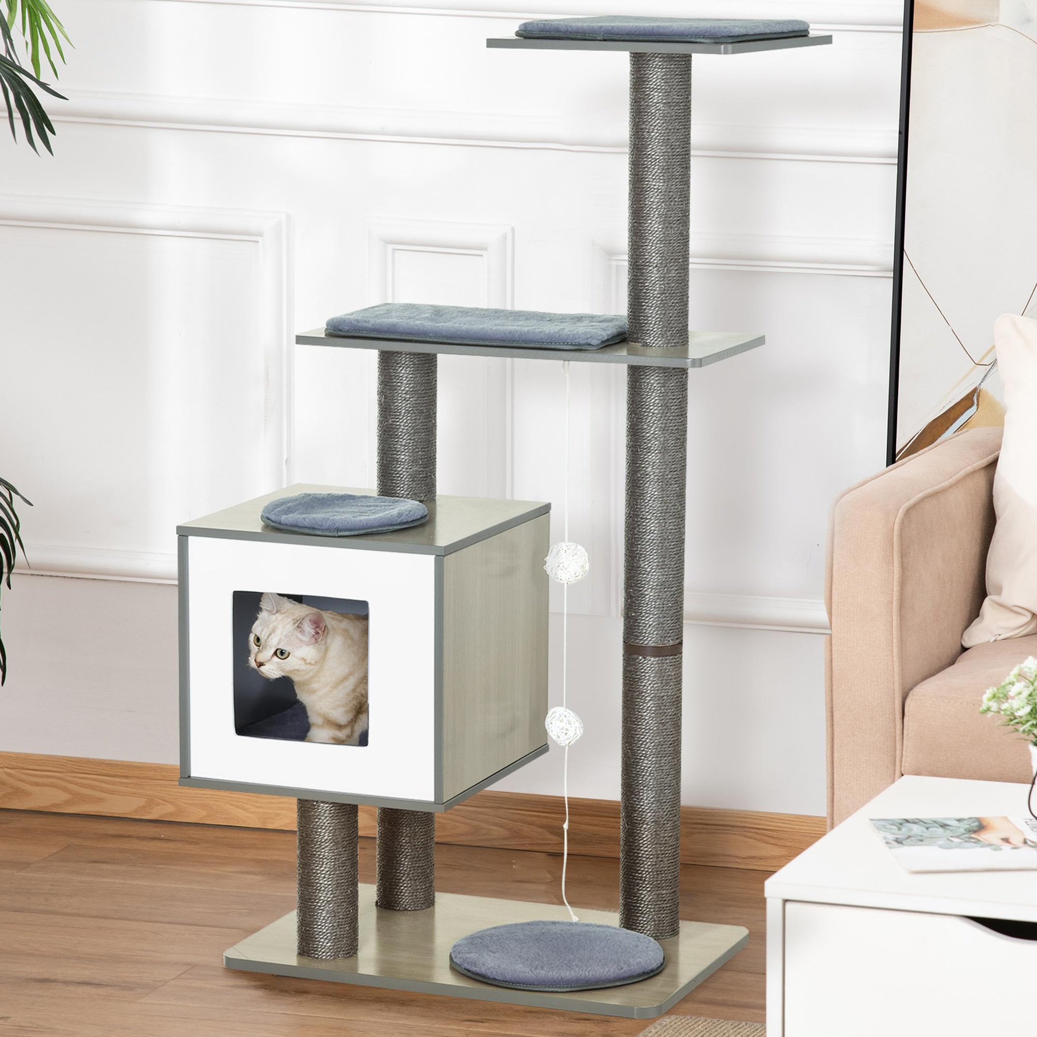 Voir la diapositive 2 : PAWHUT Arbre à chats design contemporain griffoirs grattoirs sisal naturel centre d'activités niche plate-formes jeu boules suspendues 71L x 49l x 120H cm MDF hêtre gris