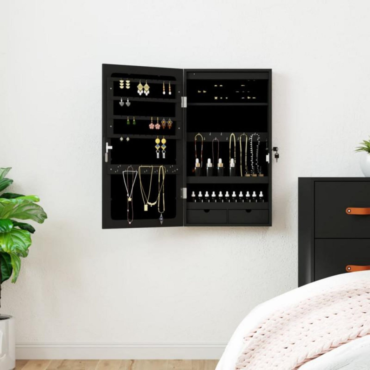 VIDAXL Armoire à bijoux avec miroir et éclairage LED mural noir