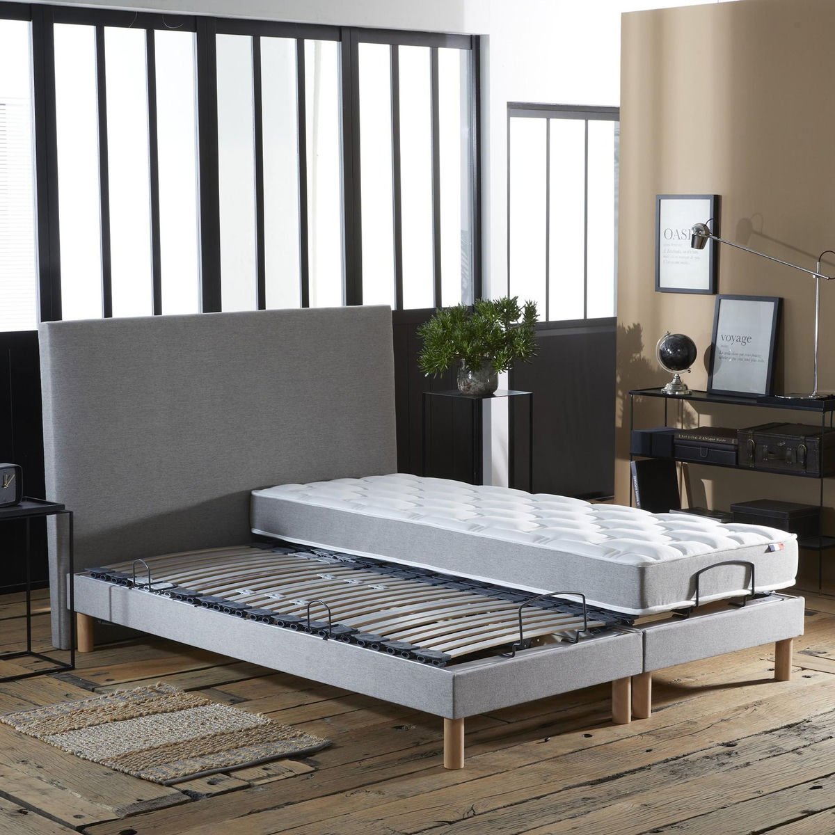 IDLITERIE Ensemble lit électrique relaxation multi lattes + Matelas Mousse à mémoire de forme Couleur - Gris Clair, - 2x90 x 200 cm