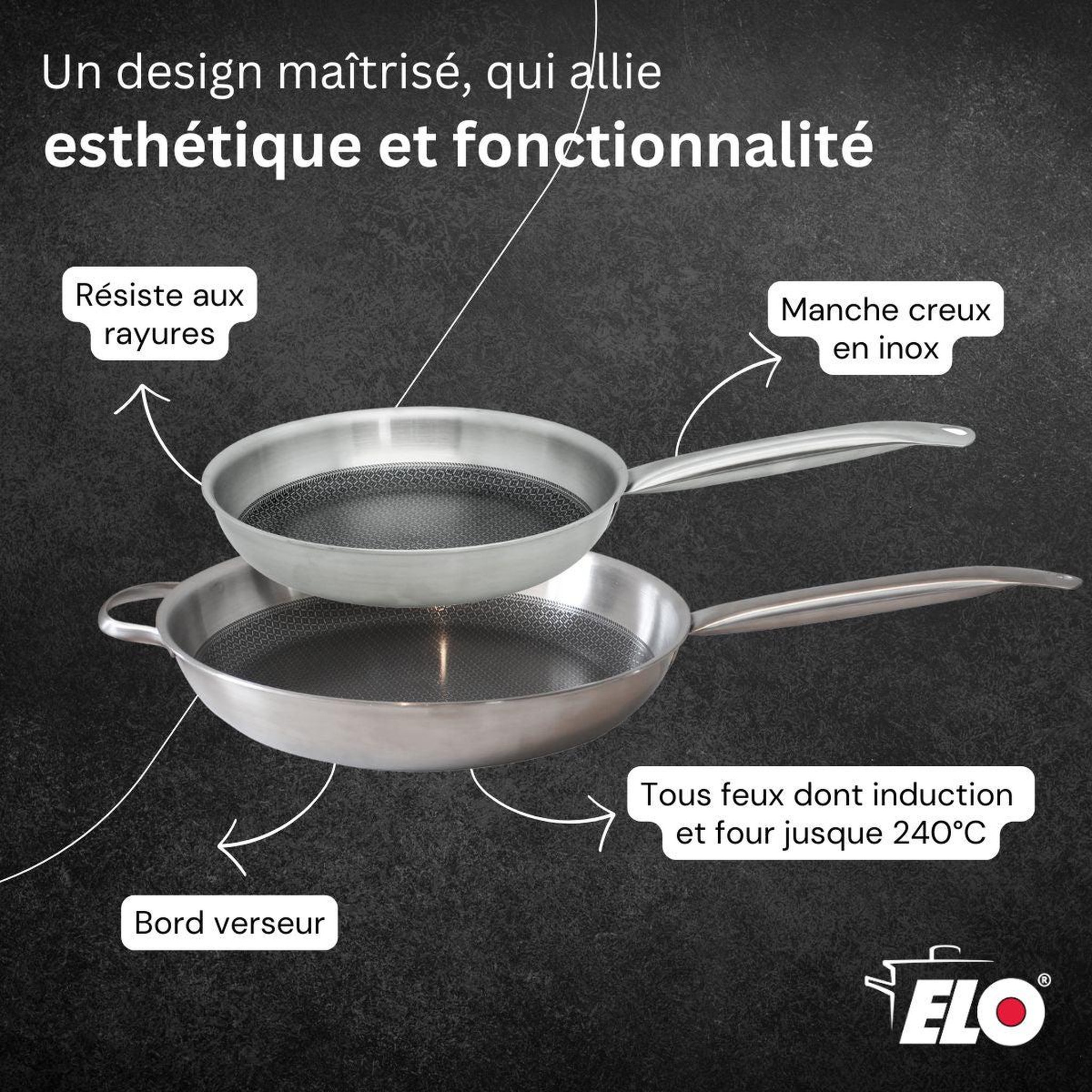 Voir la diapositive 3 : ELO Ensemble de poêles de cuisson en inox elo relief solution 24 cm et 32 cm