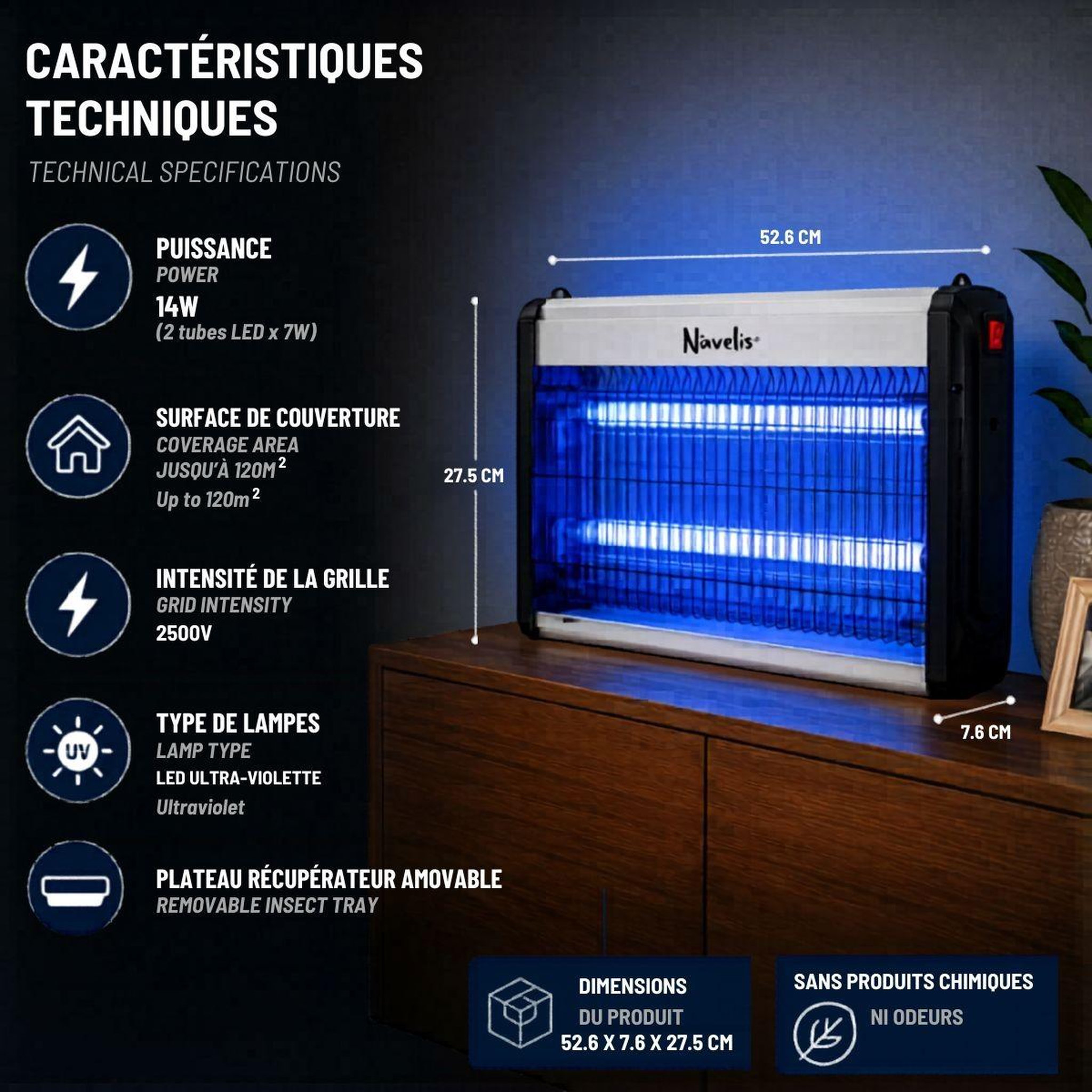 Voir la diapositive 3 : INTEC Lampe anti moustique intérieur extérieur 2500v technologie led 14w surface 120m2 elimine mouches moucherons & insectes volants
