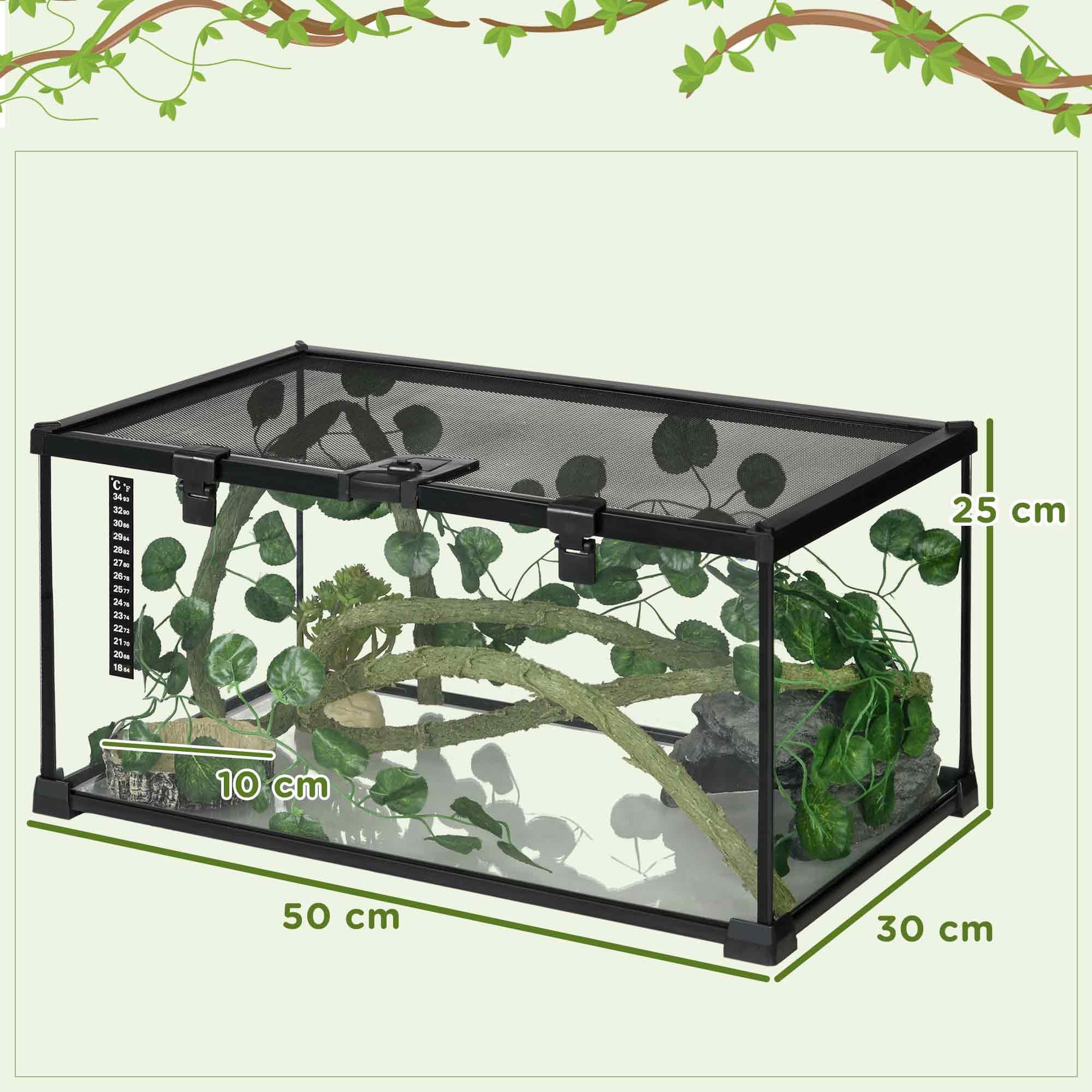 Voir la diapositive 3 : PAWHUT Terrarium verre transparent - couvercle treillis métallique coulissant verrouillable, trappe, distributeur eau, thermomètre - noir