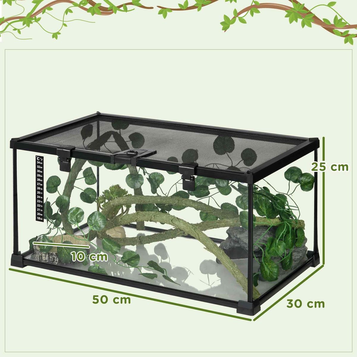 PAWHUT Terrarium verre transparent - couvercle treillis métallique coulissant verrouillable, trappe, distributeur eau, thermomètre - noir