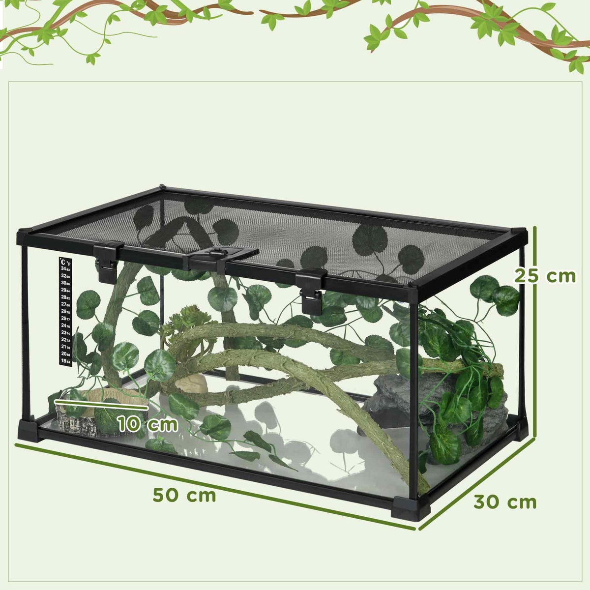PAWHUT Terrarium verre transparent - couvercle treillis métallique coulissant verrouillable, trappe, distributeur eau, thermomètre - noir