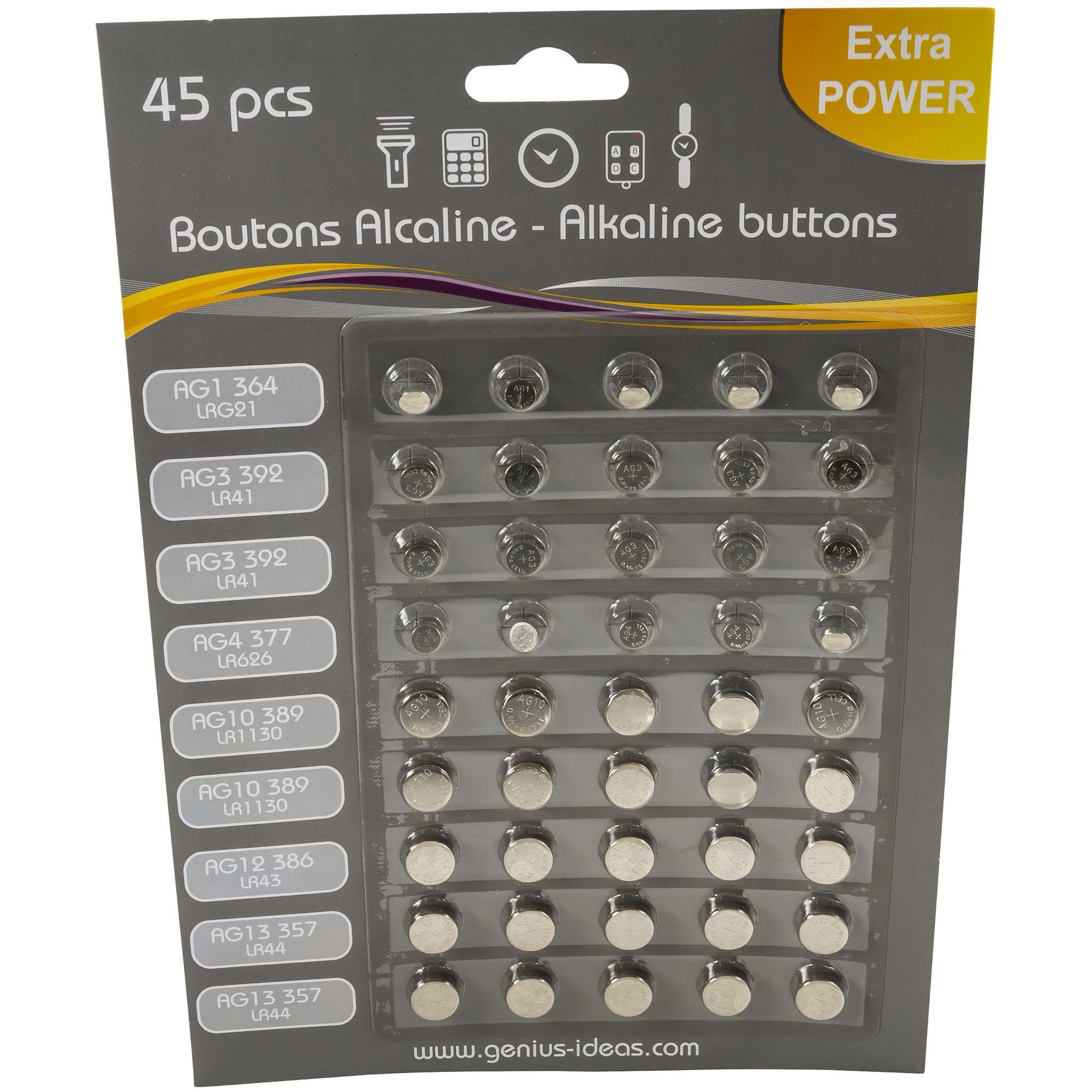 Genius ideas Lot de 45 piles boutons alkalines