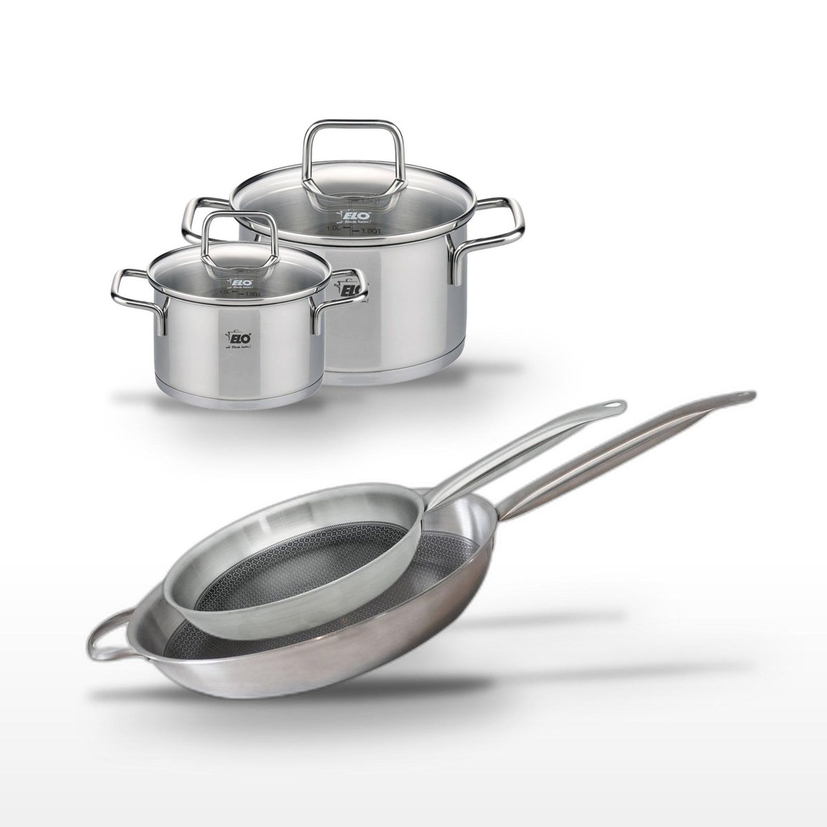 ELO Lot de 2 Poêles 28/32cm et 2 Faitouts 12/16cm Elo Relief Solution