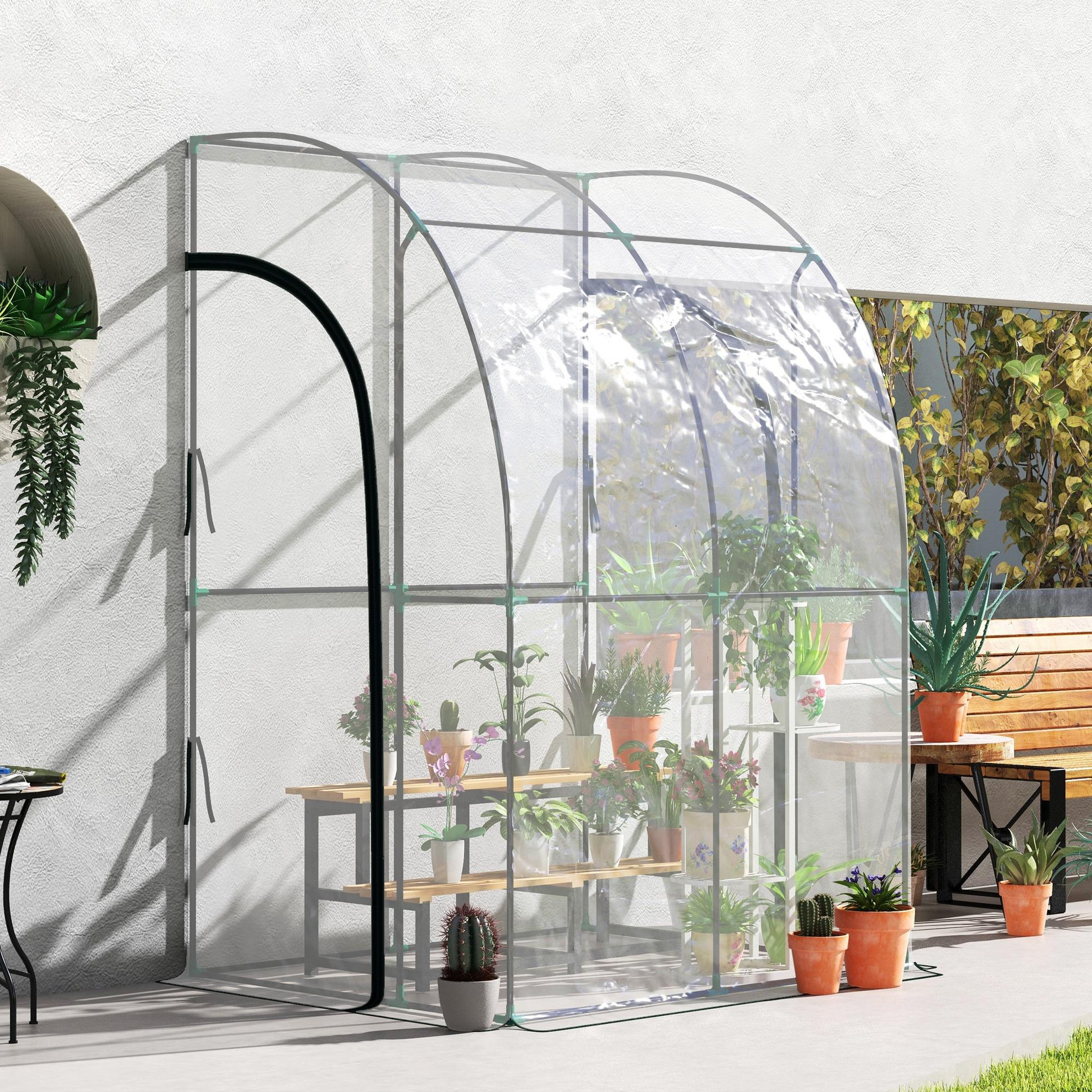 Voir la diapositive 4 : OUTSUNNY Serre de jardin adossée serre adossée dim. 1,43l x 1,18l x 2,12h m 2 portes zippées enroulables acier pvc transparent