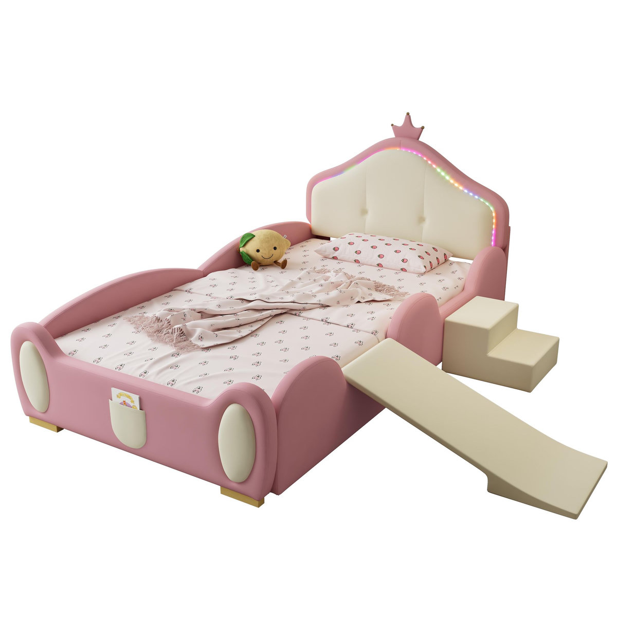 MERAX Lit simple enfant rembourré 90x200cm pu coloris rose led