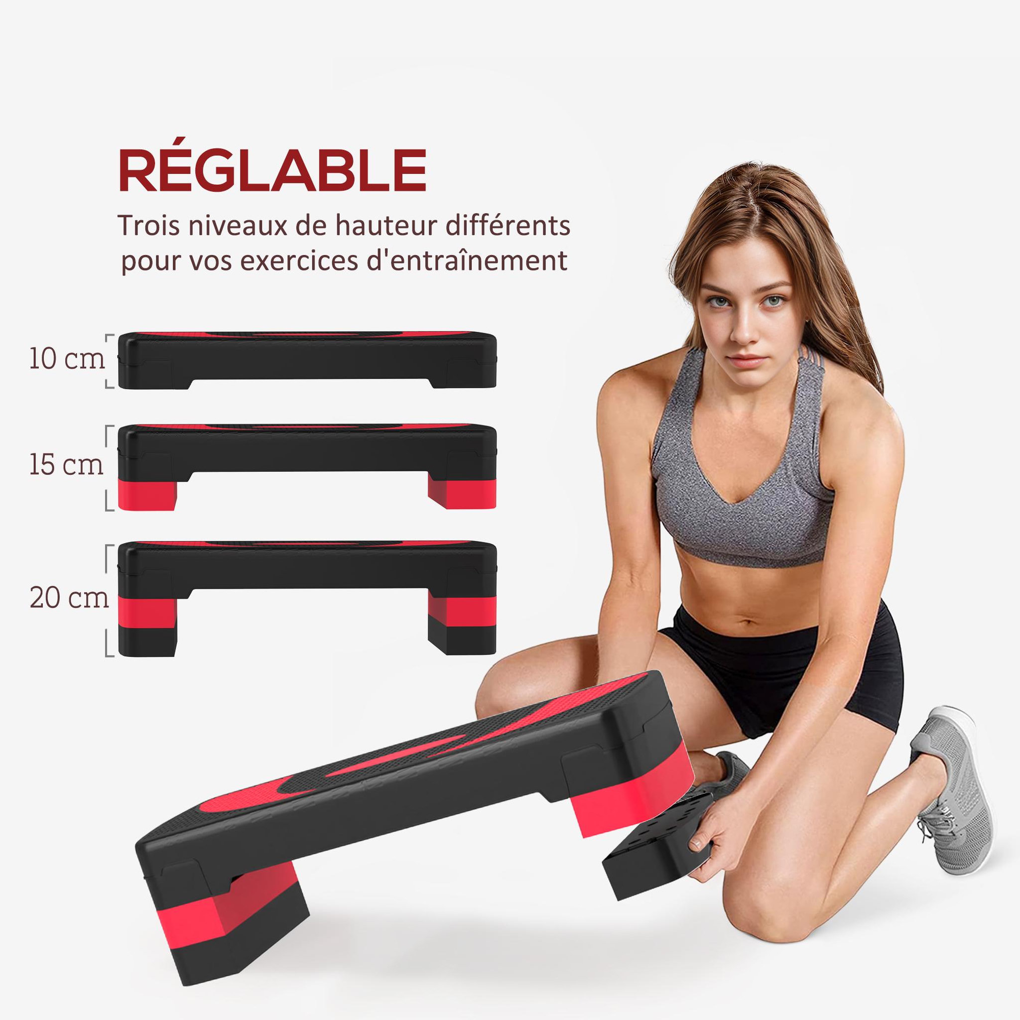 Voir la diapositive 4 : HOMCOM Stepper fitness aérobic hauteur réglable surface antidérapante 80 x 31 x 20 cm noir rouge