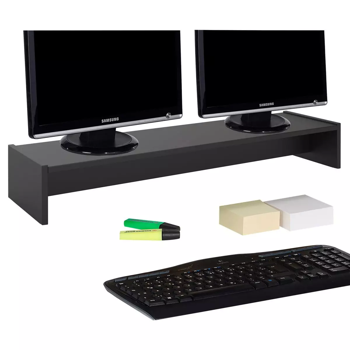 IDIMEX Support d'écran d'ordinateur SCREEN, réhausseur pour deux moniteurs ou un grand écran, longueur 100 cm, en mélaminé noir mat