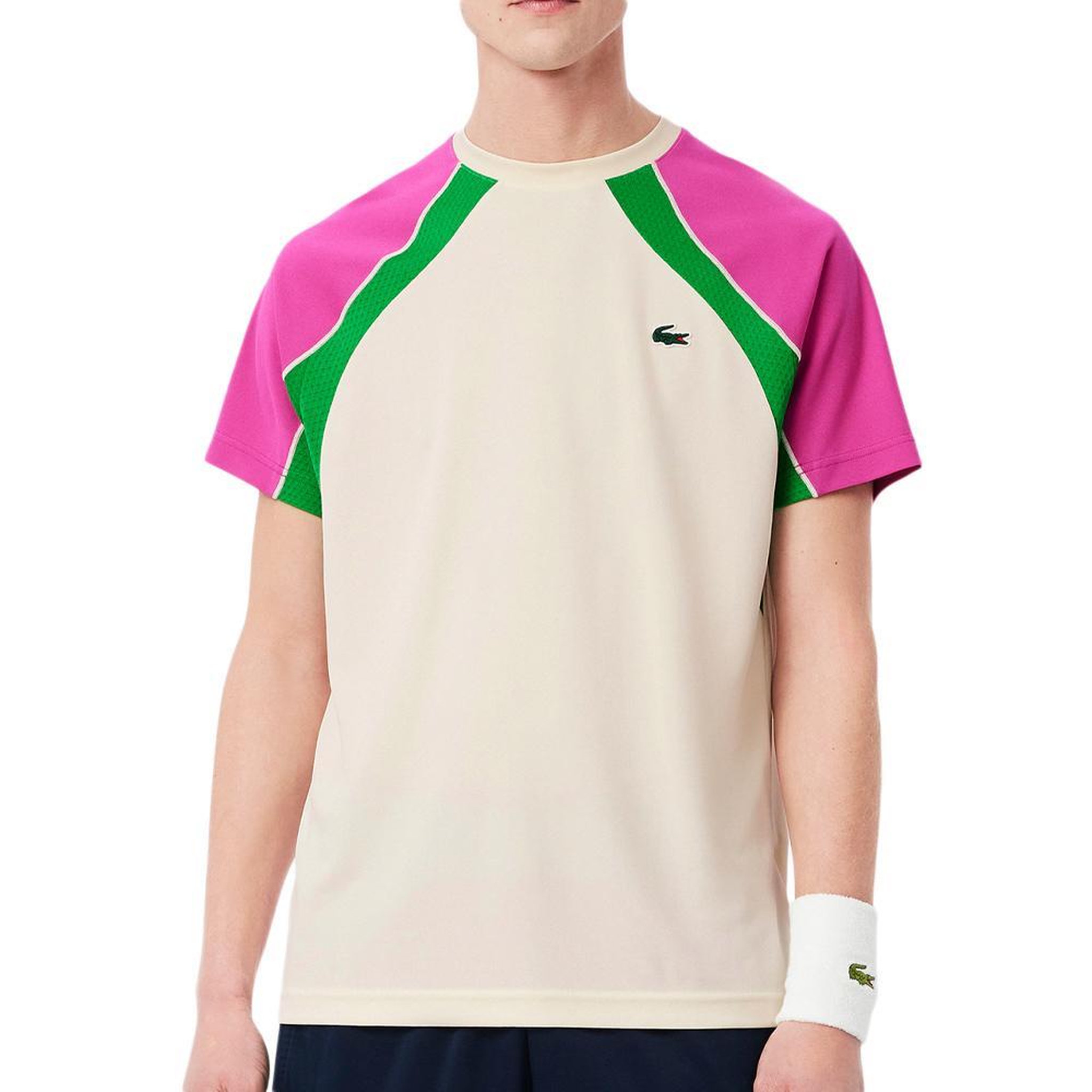 Voir la diapositive 1 : Lacoste T Shirt de Sport Beige/Rose Homme Lacoste Ultra Dry Block Tennis