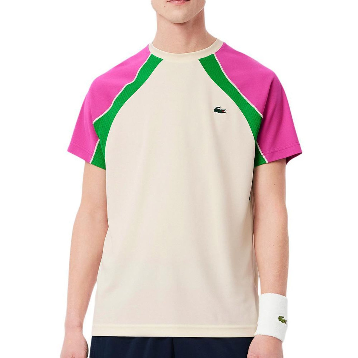 Lacoste T Shirt de Sport Beige/Rose Homme Lacoste Ultra Dry Block Tennis