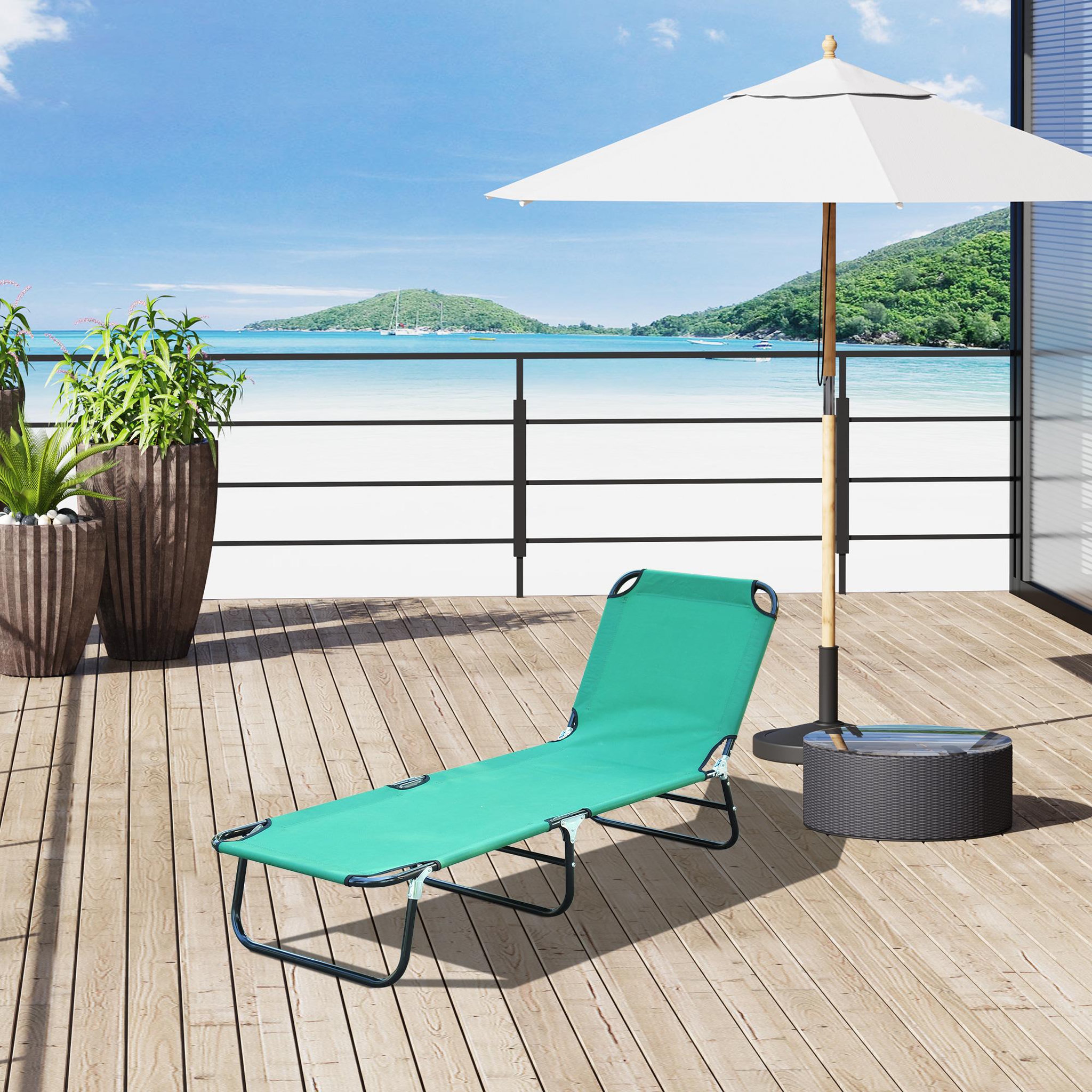 Voir la diapositive 2 : OUTSUNNY Bain de soleil transat pliable inclinable 5 positions acier noir tissu Oxford vert