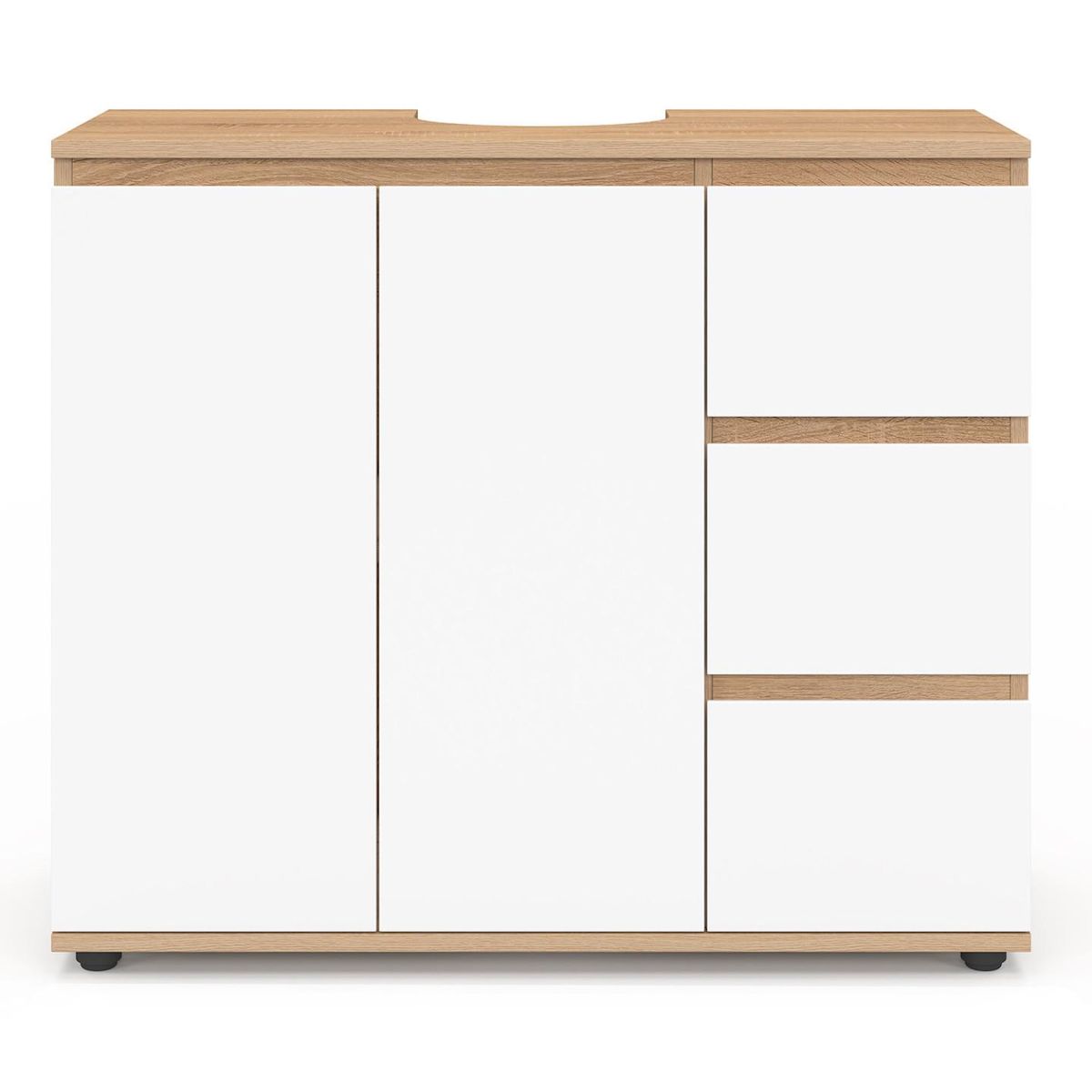ID MARKET Meuble sous lavabo salle de bain TOMI avec placard et 3 tiroirs façon hêtre et blanc