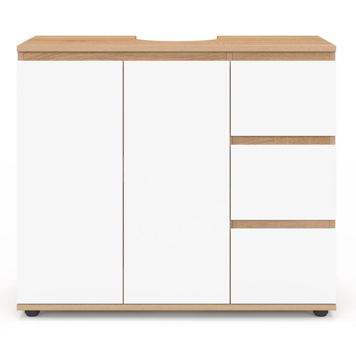 ID MARKET Meuble sous lavabo salle de bain TOMI avec placard et 3 tiroirs façon hêtre et blanc