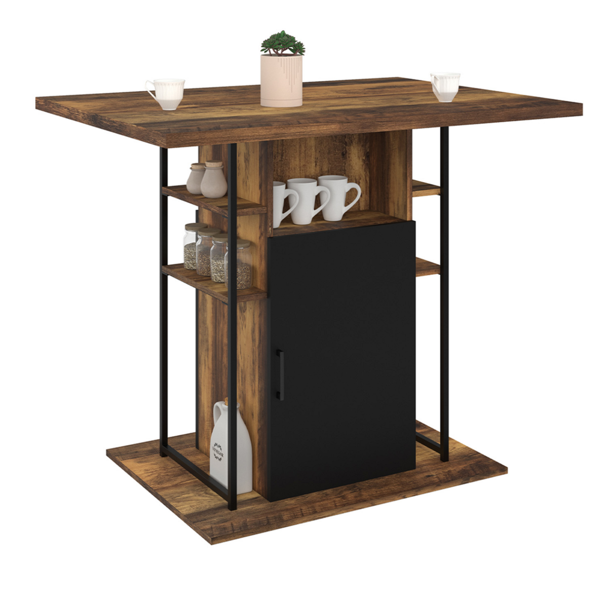 ID MARKET Ilot central UGO 110 cm bois noir et effet bois foncé HAWKINS avec rangements design industriel