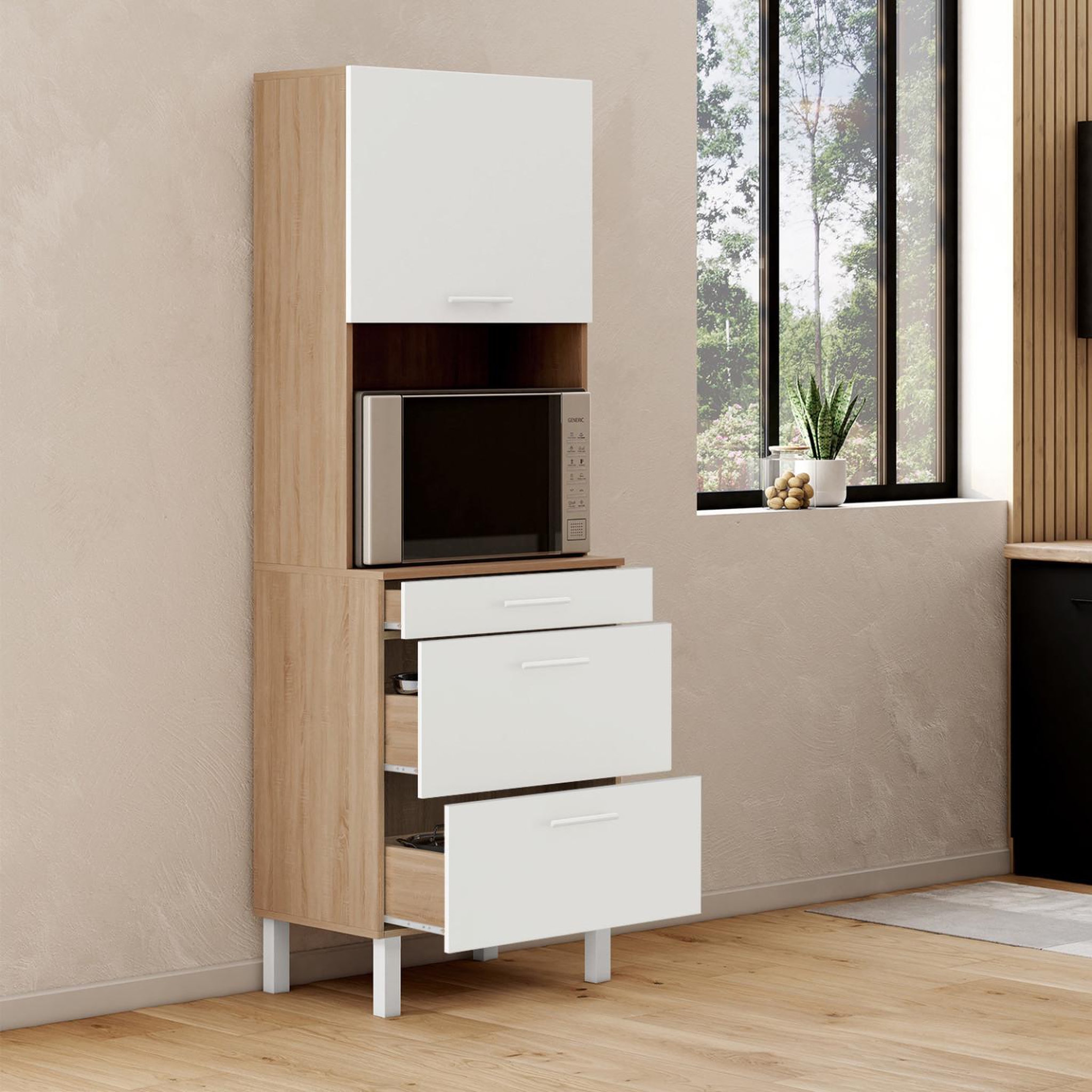 Voir la diapositive 2 : ID MARKET Colonne de cuisine micro-ondes et casserolier 60 cm cina 2 portes façon hêtre et blanc