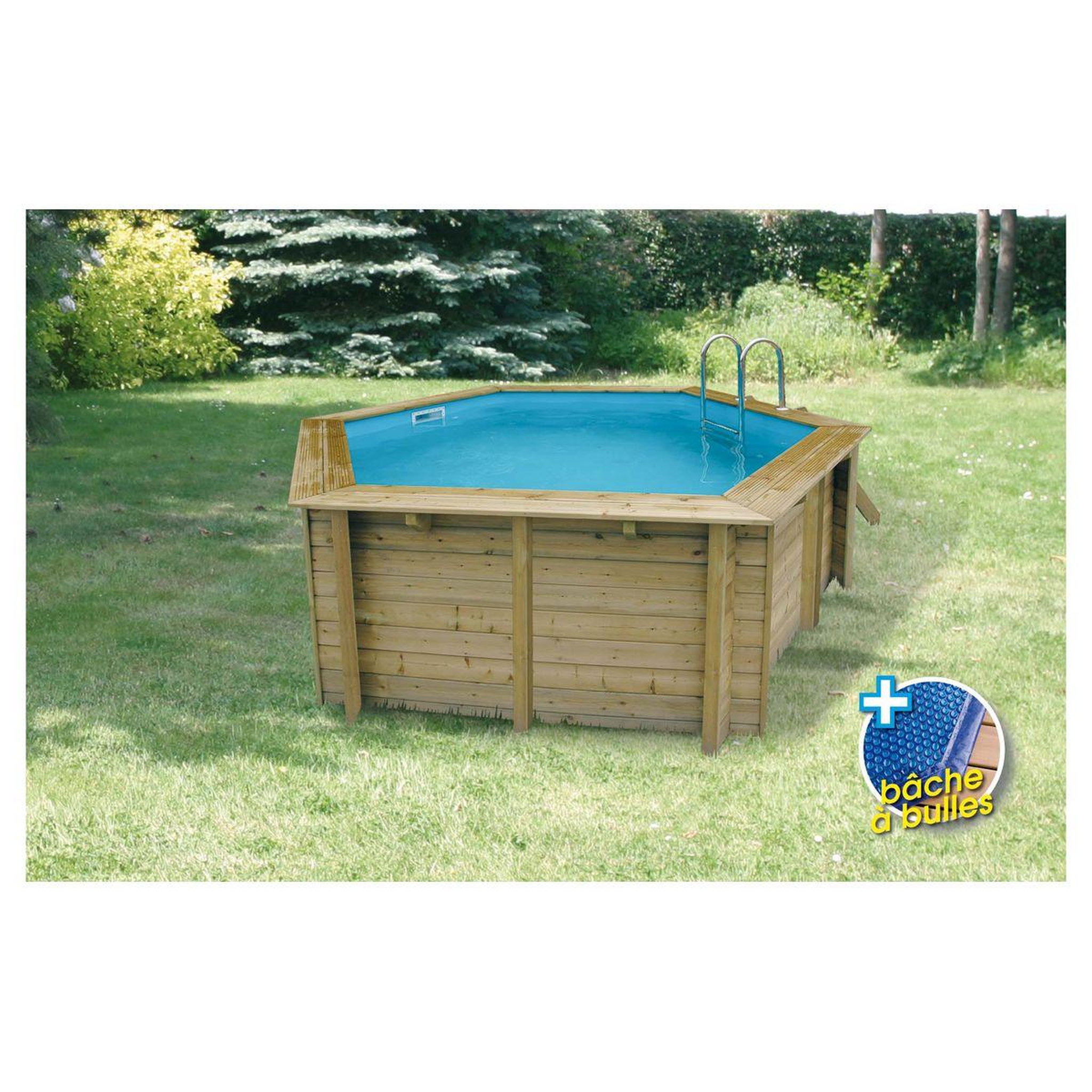 Voir la diapositive 3 : UBBINK Piscine hors sol bois hexagonale - 410x120cm - Liner Bleu + Bâche à bulles-AZURA