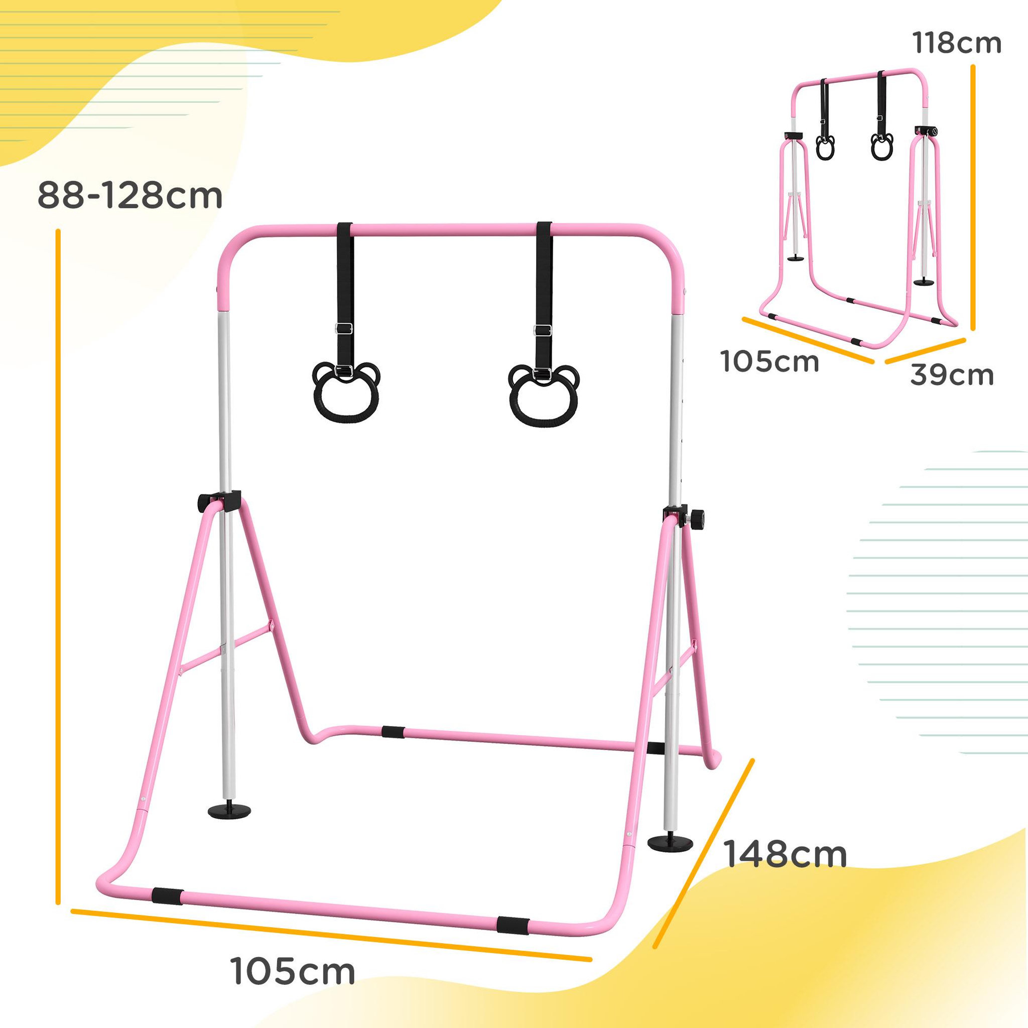 Voir la diapositive 3 : HOMCOM Portique d'anneaux double haubanage hauteur réglable dim. 148L x 105l x 88-128H cm acier rose
