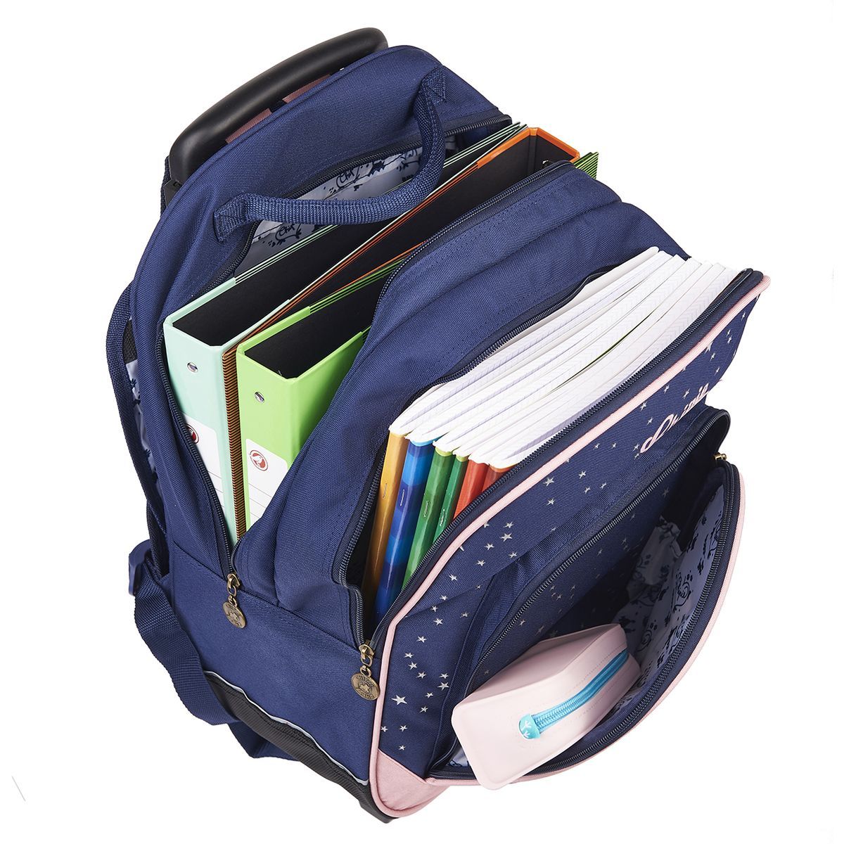 CHIPIE Sac à dos à roulettes bleu et rose paillettes étoiles 