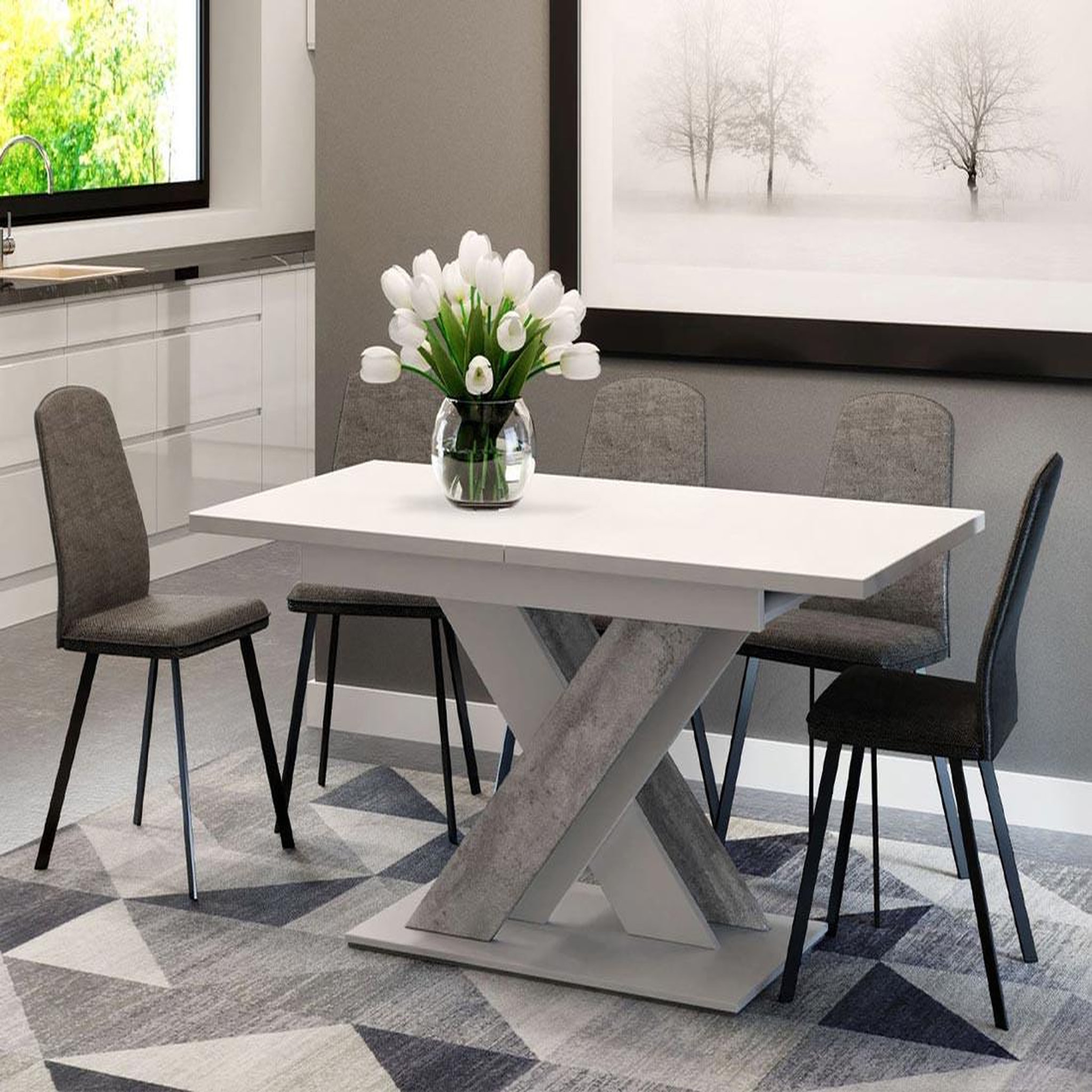 Voir la diapositive 2 : BEST MOBILIER Buriti - table à manger extensible - blanc et effet marbre - 4 à 6 personnes