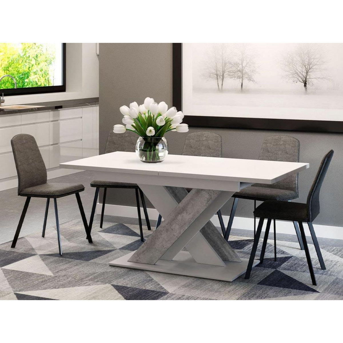 BEST MOBILIER Buriti - table à manger extensible - blanc et effet marbre - 4 à 6 personnes