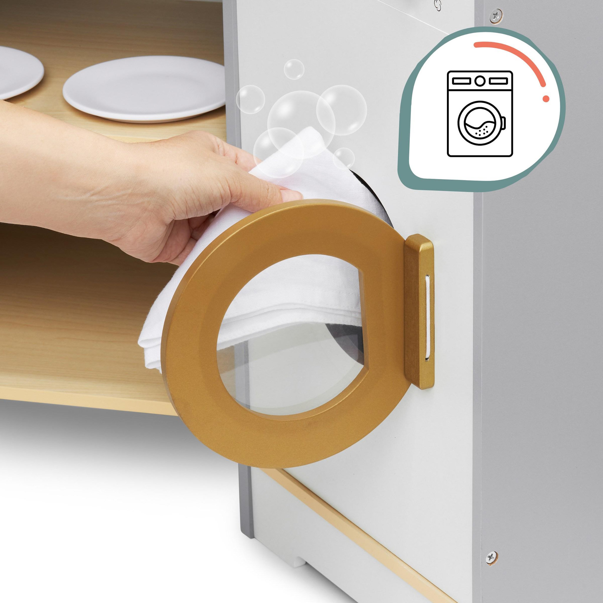 Voir la diapositive 2 : MAMABRUM Cuisine Enfant en Bois en L avec LED, Hotte Interactive, Sons et Accessoires, dès 3 Ans