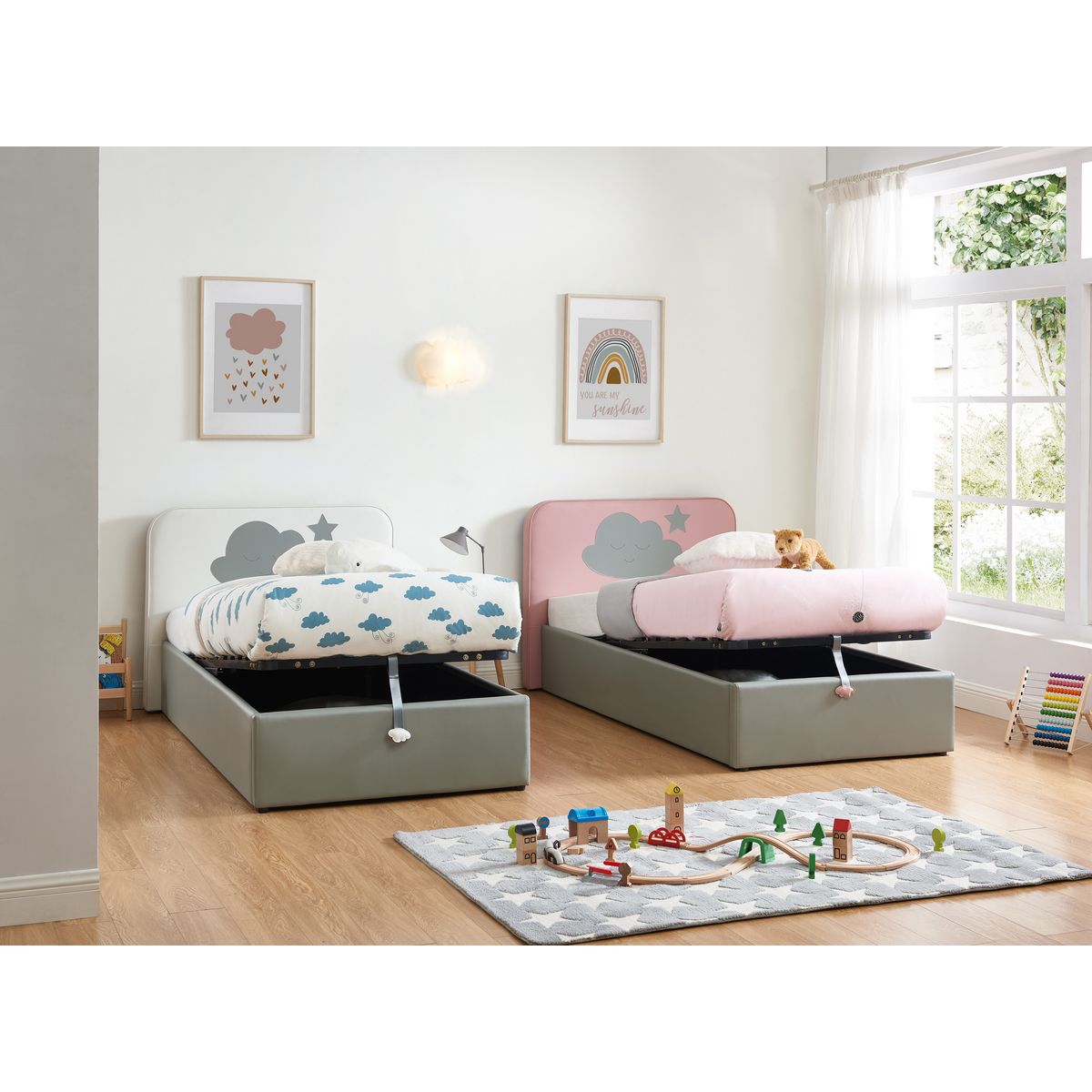 Lit coffre 90x190cm avec sommier LED et tête de lit NUAGE