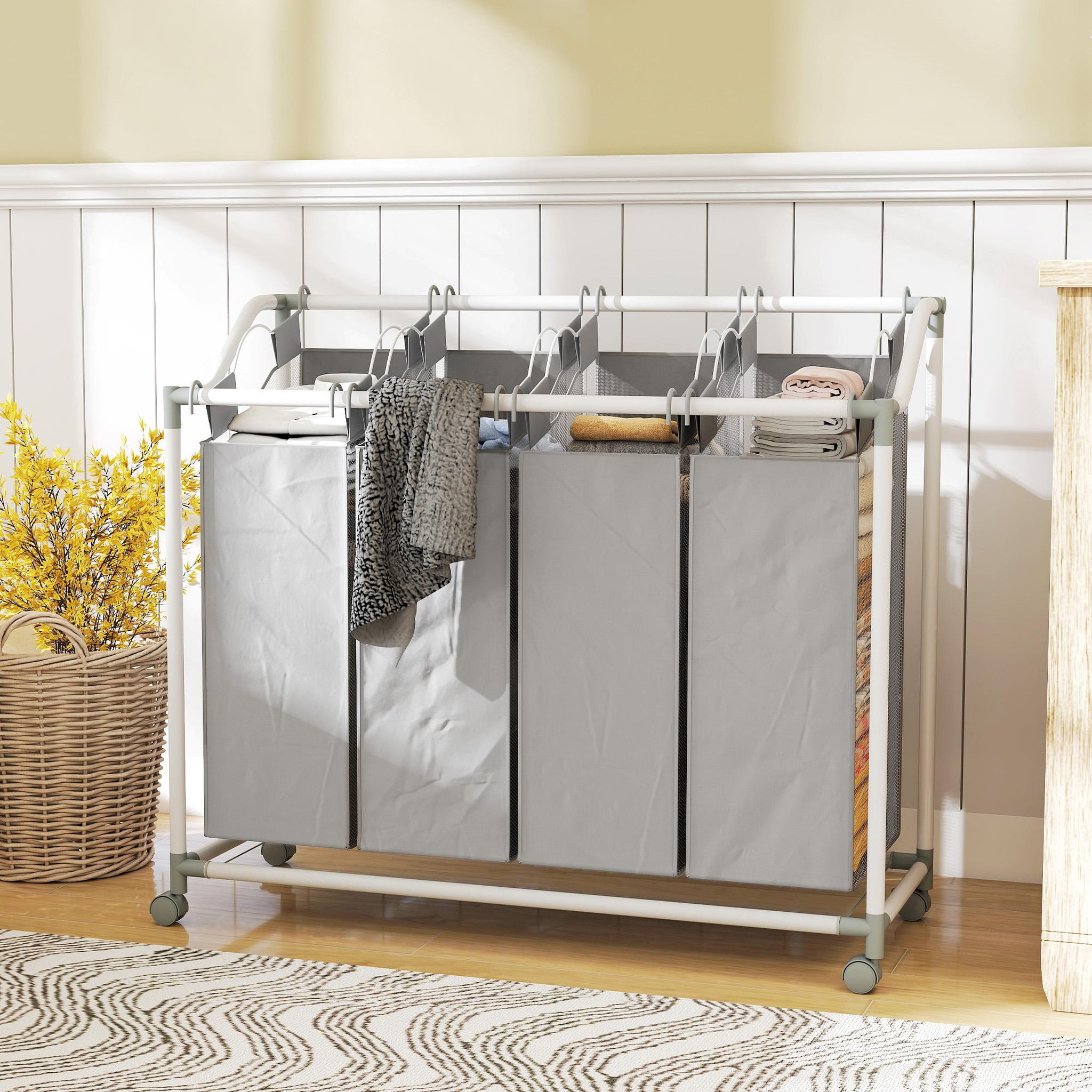 Voir la diapositive 4 : HOMCOM Panier à linge sur roulettes 4 sacs amovible métal tissu oxford gris