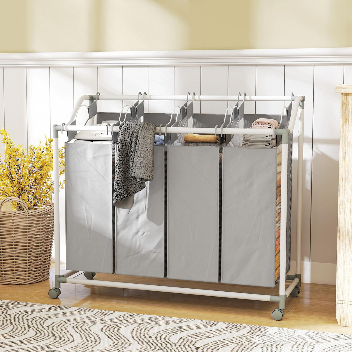 HOMCOM Panier à linge sur roulettes 4 sacs amovible métal tissu Oxford gris