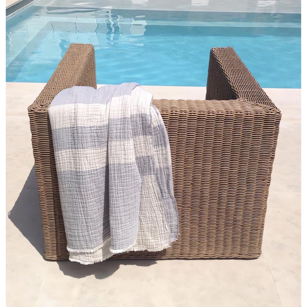 Toison d'or Plaid 150x200 cm en coton gaufré PIENZA naturel et eau de bleu, par Toison d'or