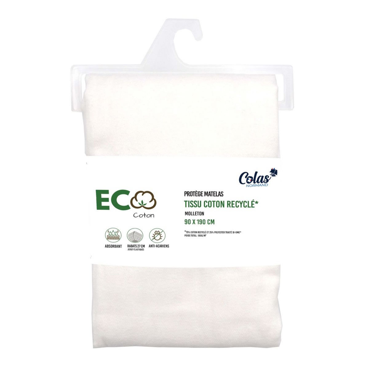 COLAS NORMAND Protège matelas absorbant en coton recyclé anti acariens ECO