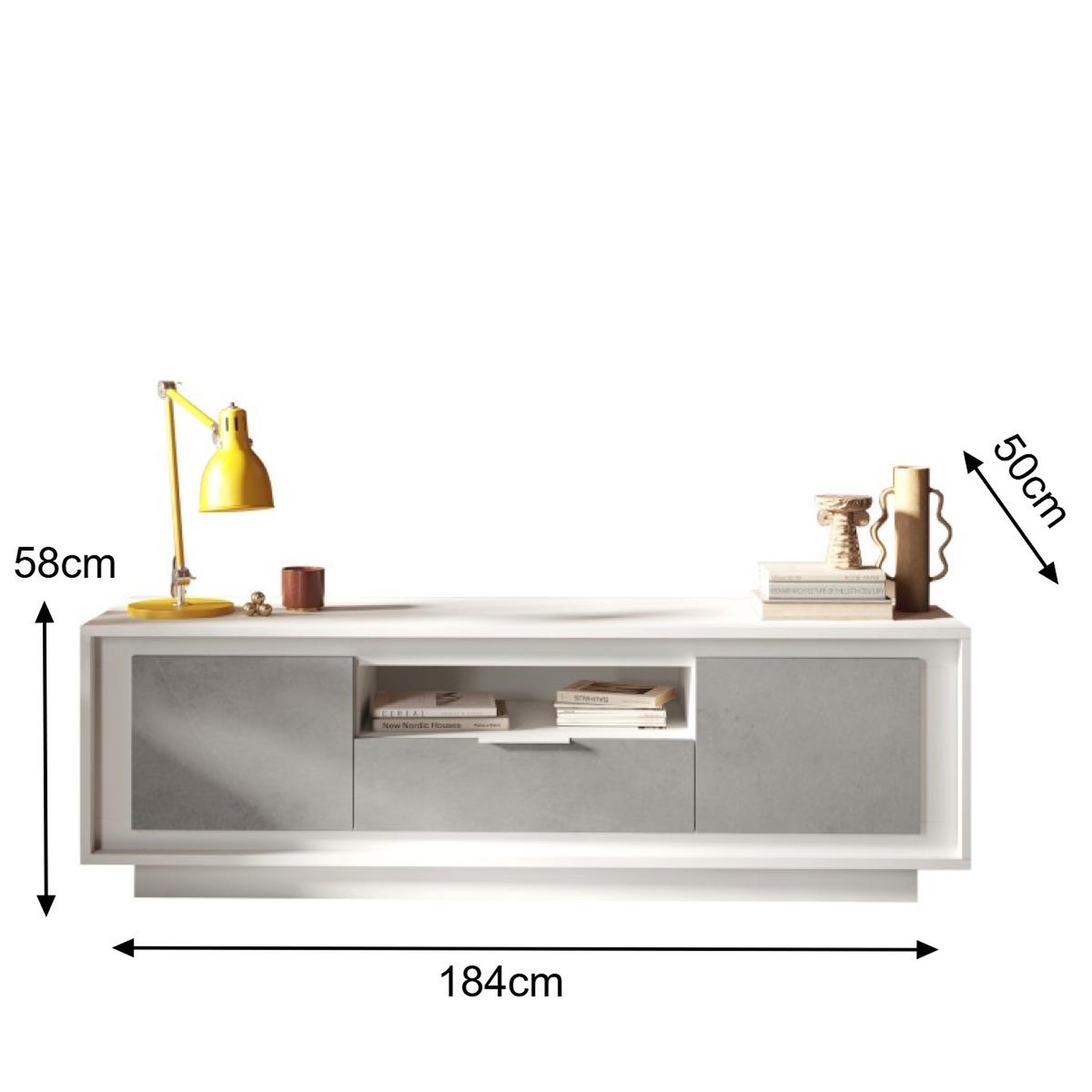 Voir la diapositive 6 : JLC KREATION Banc tv moderne 180cm blanc et gris béton yori