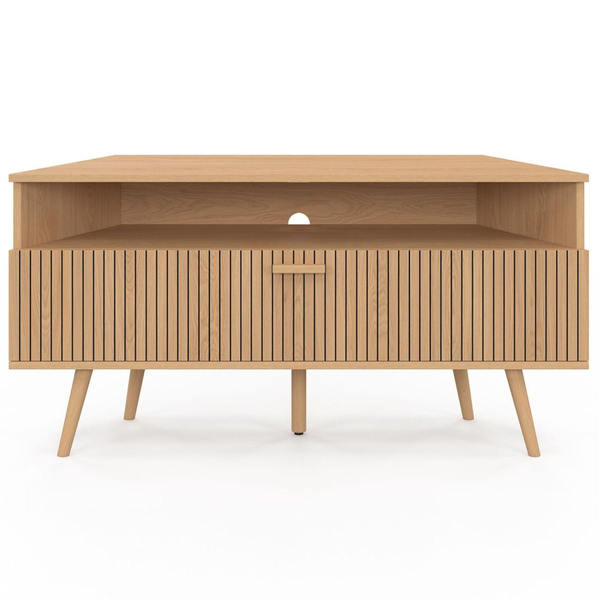 ID MARKET Meuble TV 110 cm d'angle JULIETTE  1 porte effet lattes coloris chêne