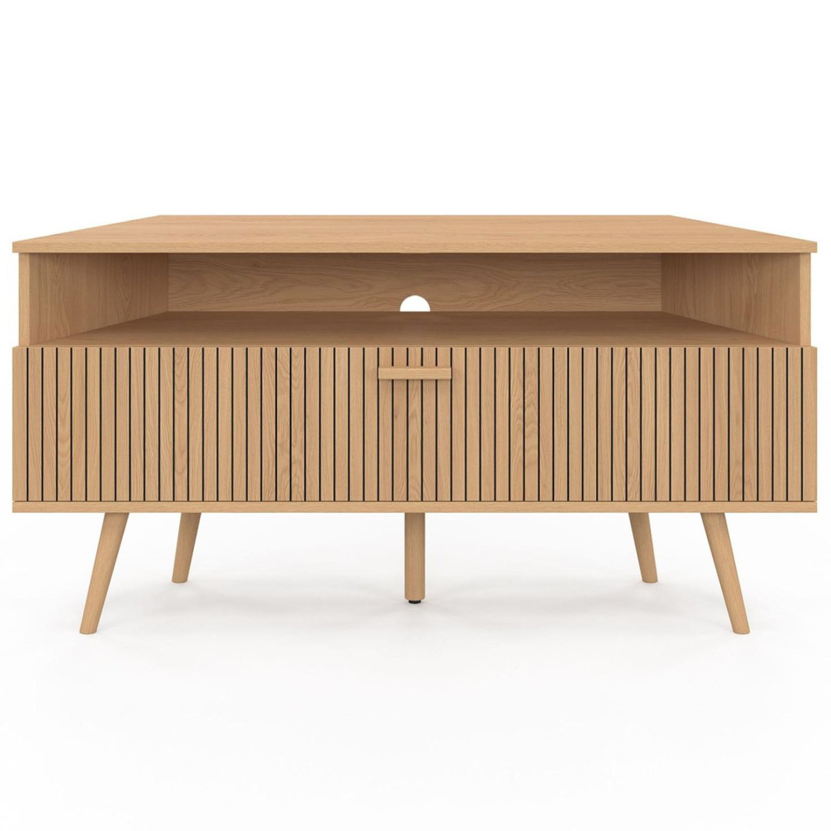 ID MARKET Meuble TV 110 cm d'angle JULIETTE  1 porte effet lattes coloris chêne