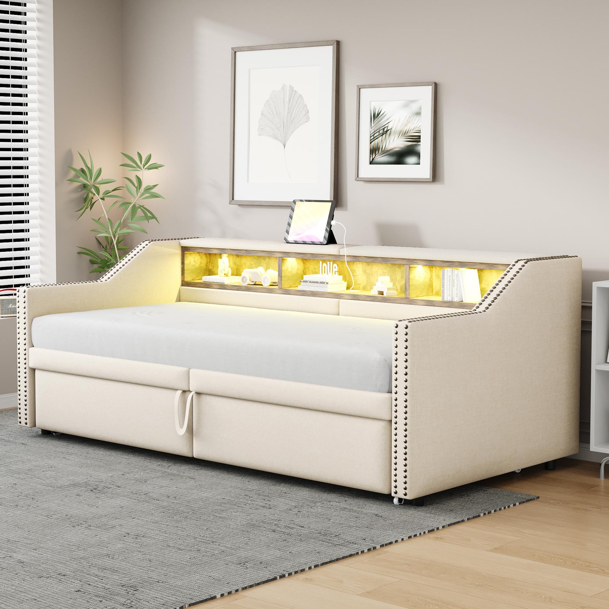 Voir la diapositive 4 : MERAX Lit banquette gigogne rembourré 90x200cm