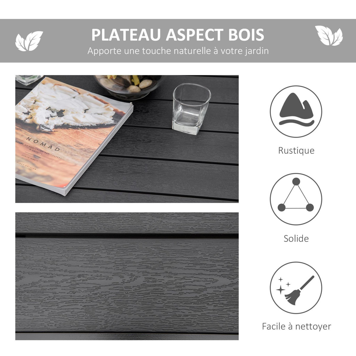 OUTSUNNY Table de jardin 2 personnes dim. 78 x 78 x 74 cm aluminium noir plastique effet bois