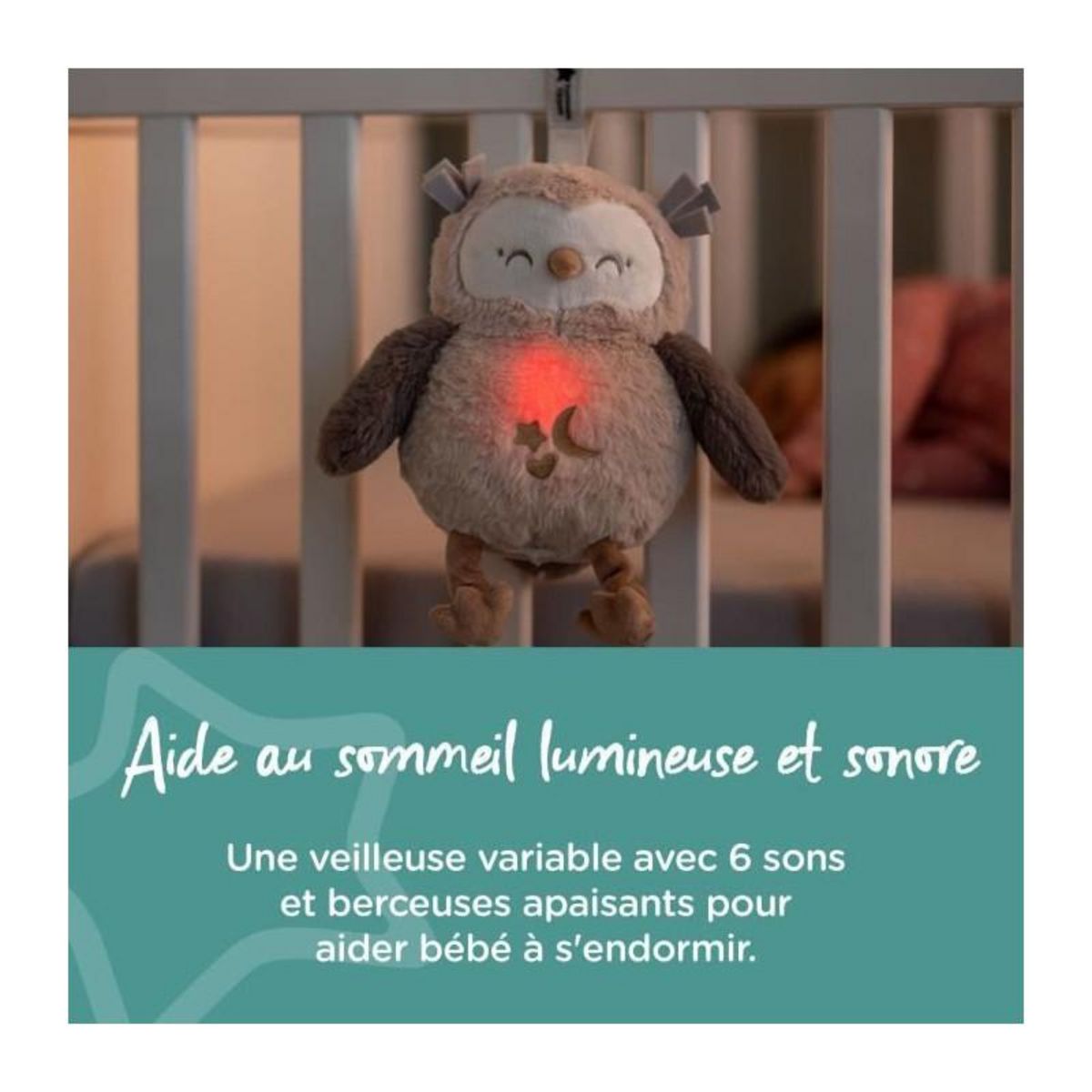 TOMMEE TIPPEE TOMME TIPPEE, Peluche veilleuse de luxe avec CrySensor, 6 sons apaisants, USB, lavable en machine, Ollie la Chouette