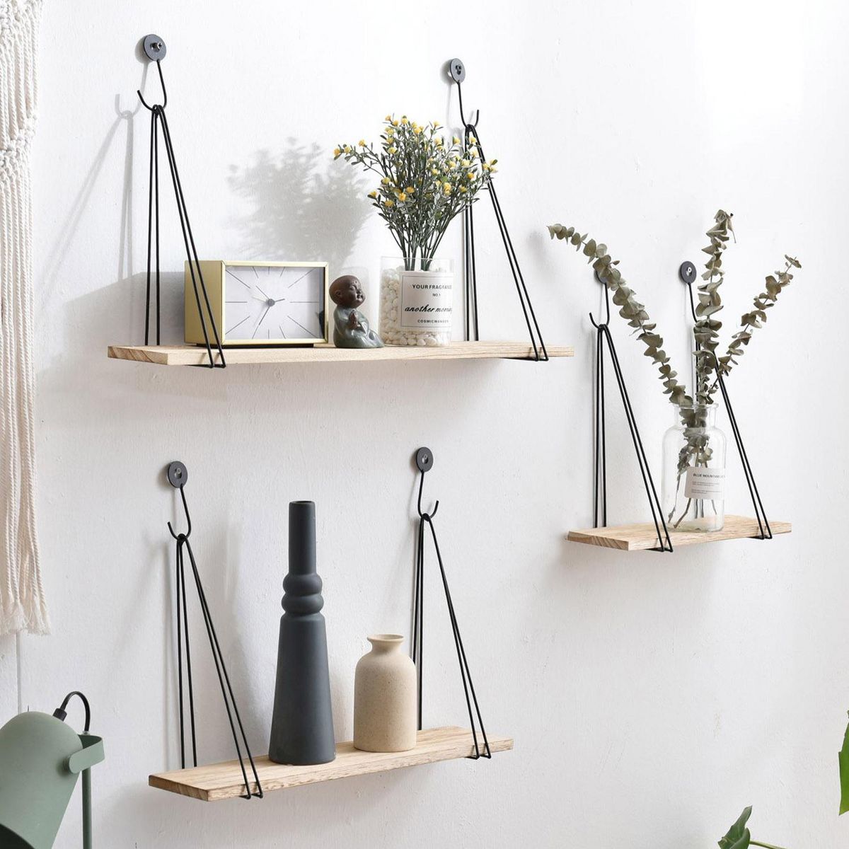 VS VENTA-STOCK Set de 3 étagères murales Airas en métal noir et bois de paulownia