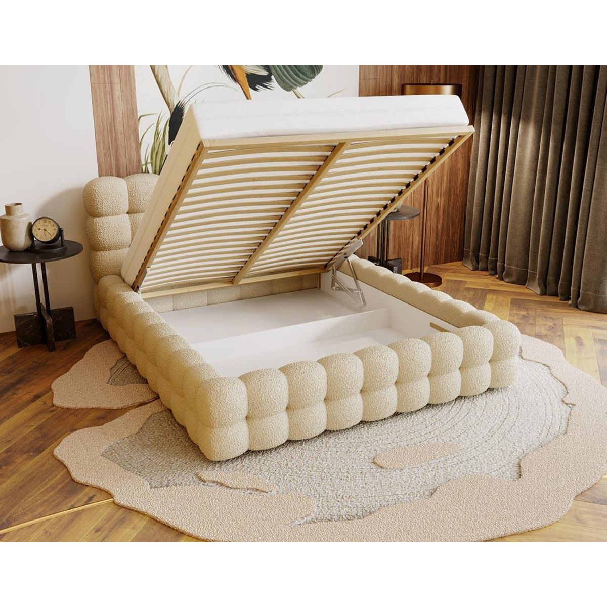 BEST MOBILIER Darling - lit coffre - 160x200 cm - sommier inclus - en tissu bouclette