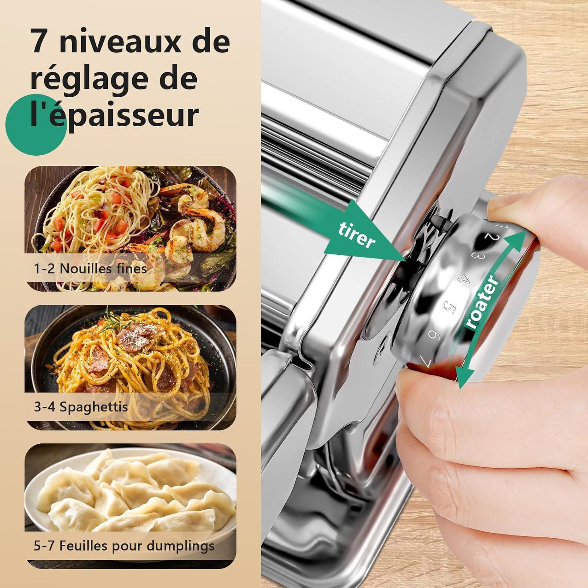 Voir la diapositive 3 : YASHE Machine à pâtes manuelle, 7 épaisseurs, 2 largeurs