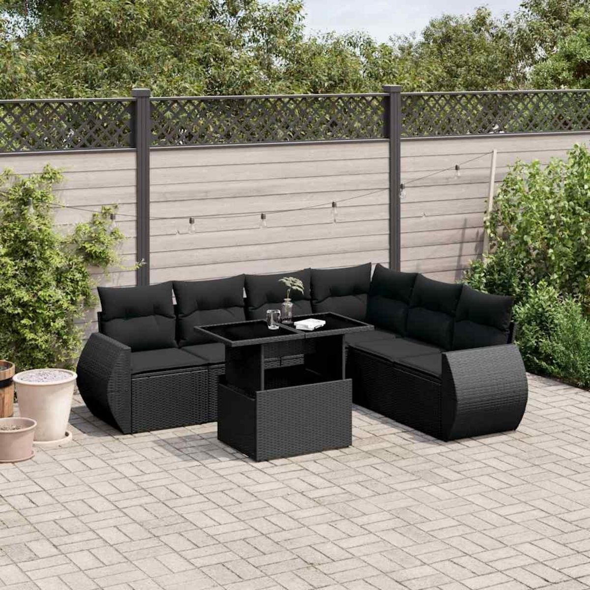VIDAXL Salon de jardin 7 pcs avec coussins noir resine tressee