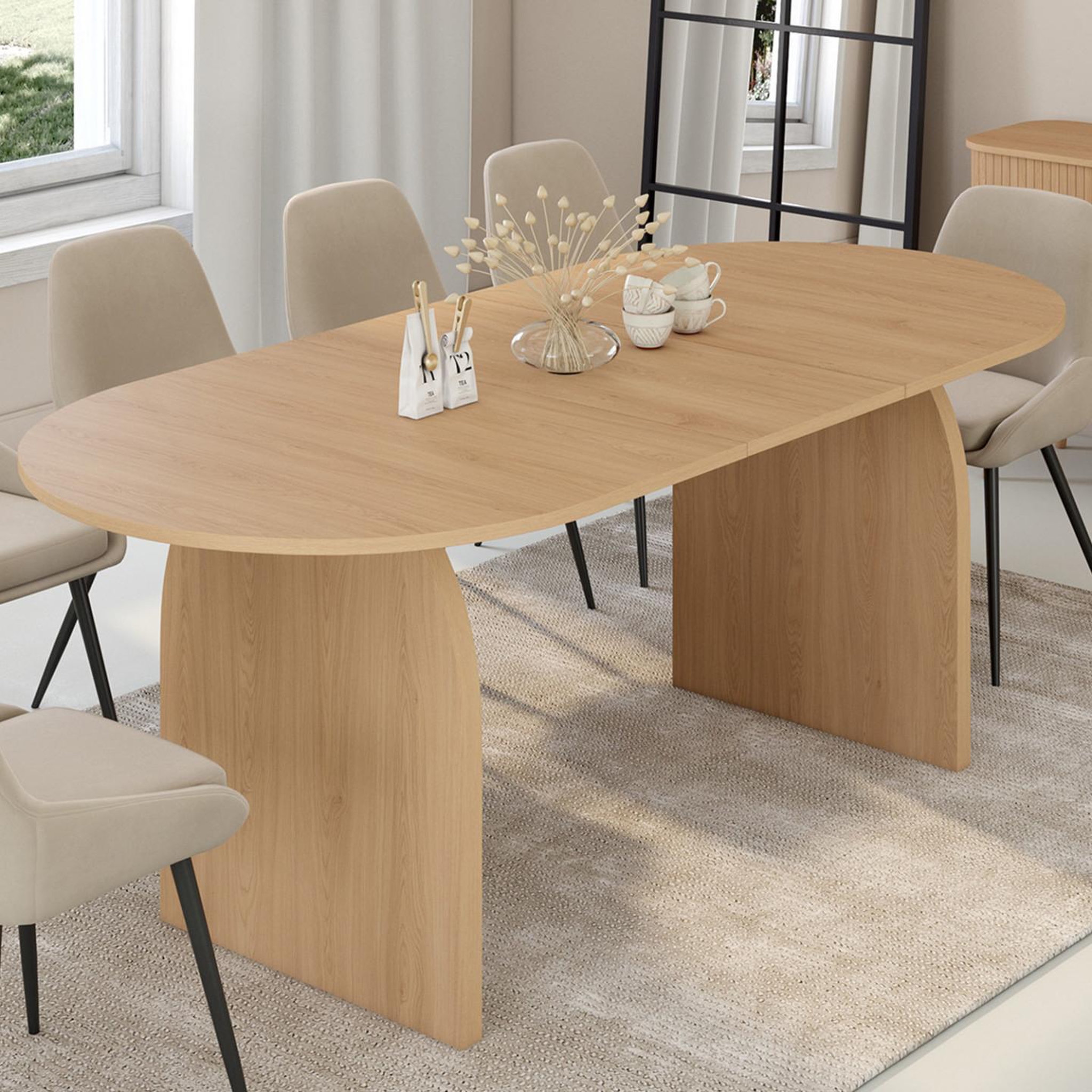 Voir la diapositive 2 : ID MARKET Table à manger extensible japandi ovale edith 6-10 personnes en bois façon hêtre 160 - 200 cm