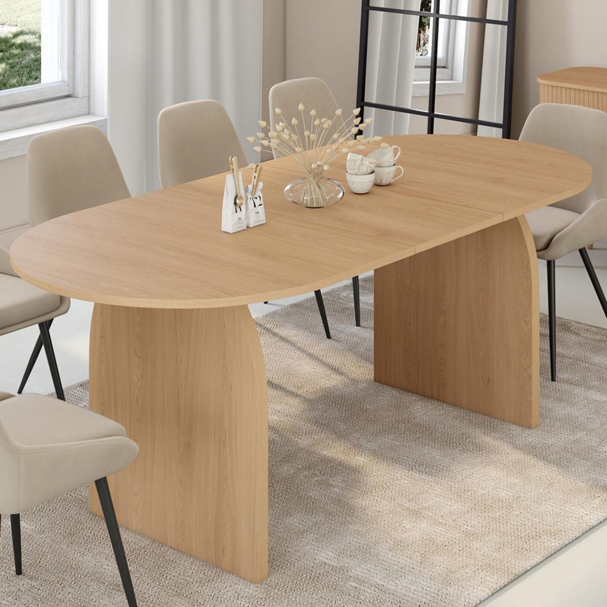 ID MARKET Table à manger extensible japandi ovale EDITH 6-10 personnes en bois façon hêtre 160 - 200 cm