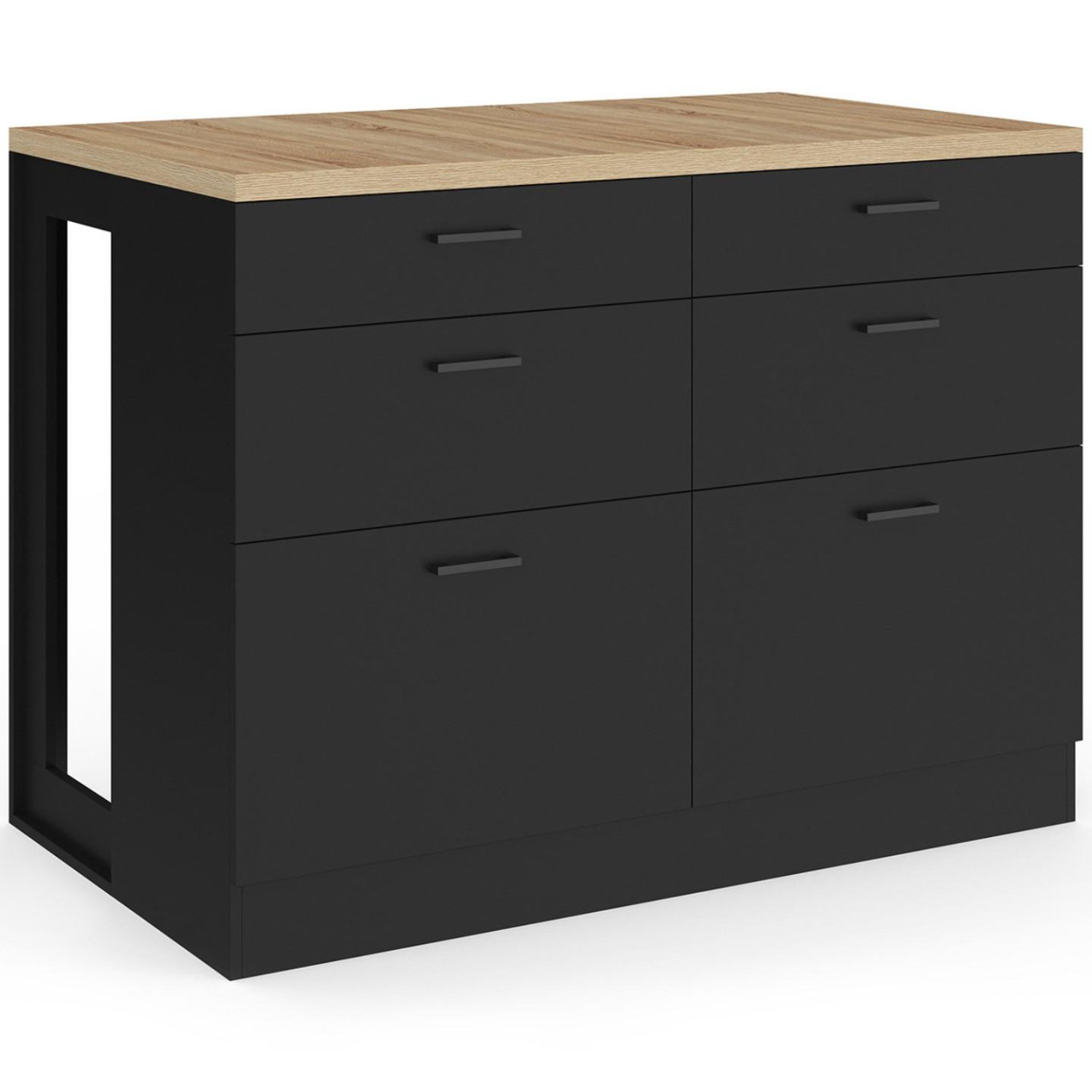 Id Market Ilot central mange-debout orso 120 cm casserolier 6 tiroirs noir avec plan de travail façon hêtre