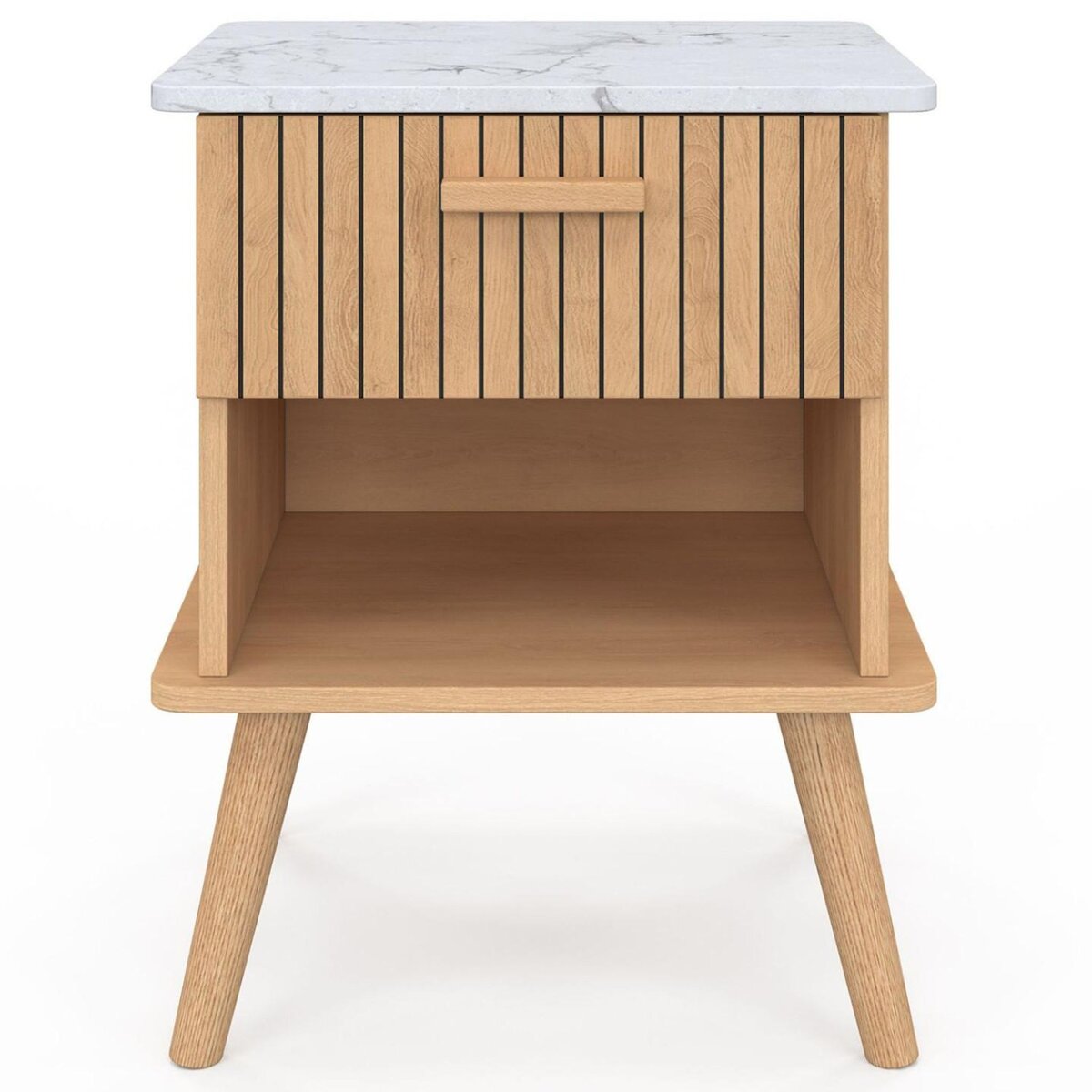 ID MARKET Lot de 2 tables de chevet JULIETTE plateau effet marbre 1 tiroir avec niche lattes tasseau bois