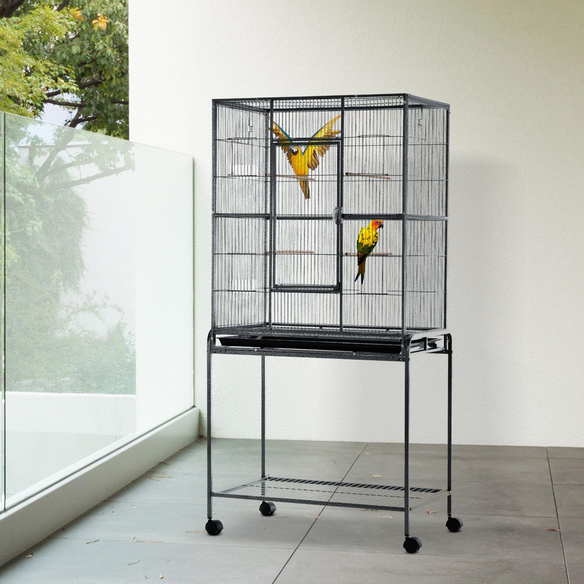 PAWHUT PawHut Cage à Oiseaux Portable avec 4 Mangeoires et 4 Perchoirs Pratique 81 x 48 x 163 cm Noir et Gris